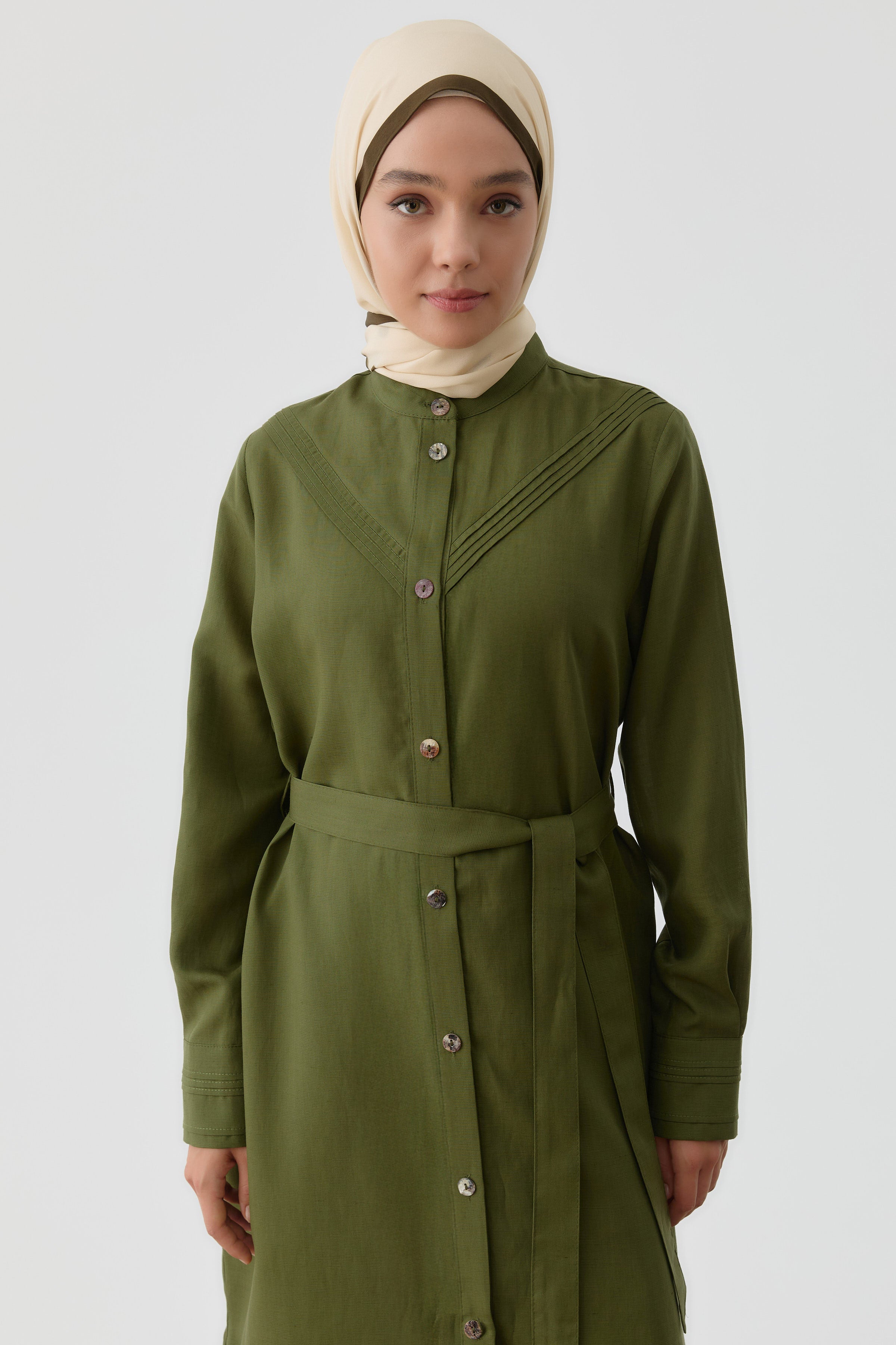 Nervür Detaylı Yırtmaçlı Tunik - Haki TUGBA