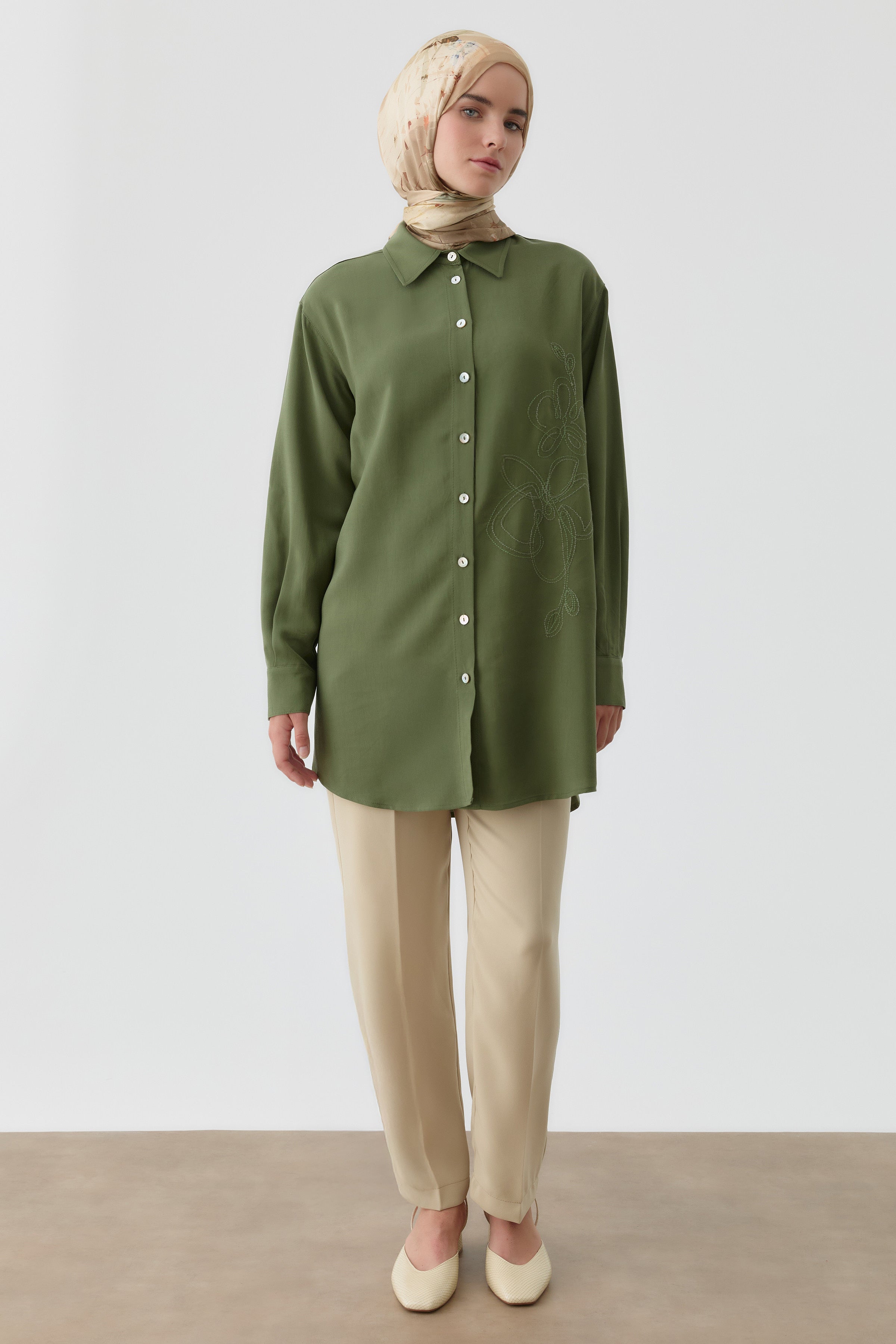 Bol Paça Pensli Pantolon - Yeşil TUGBA