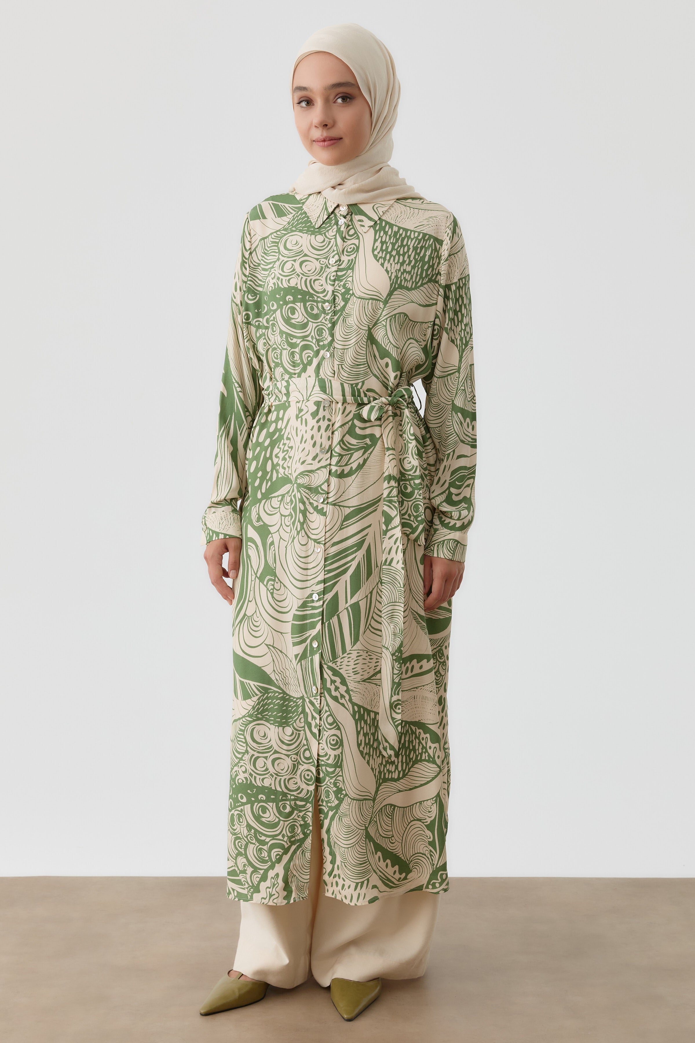 Kemerli Desenli Uzun Tunik - Haki TUGBA