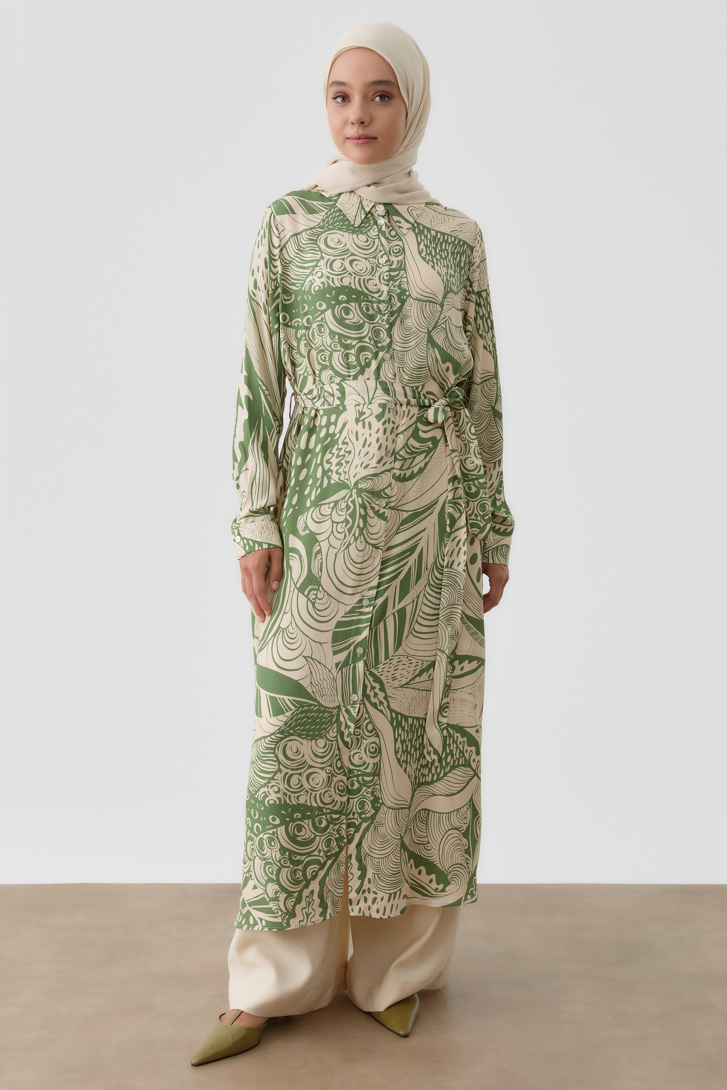 Kemerli Desenli Uzun Tunik - Haki TUGBA