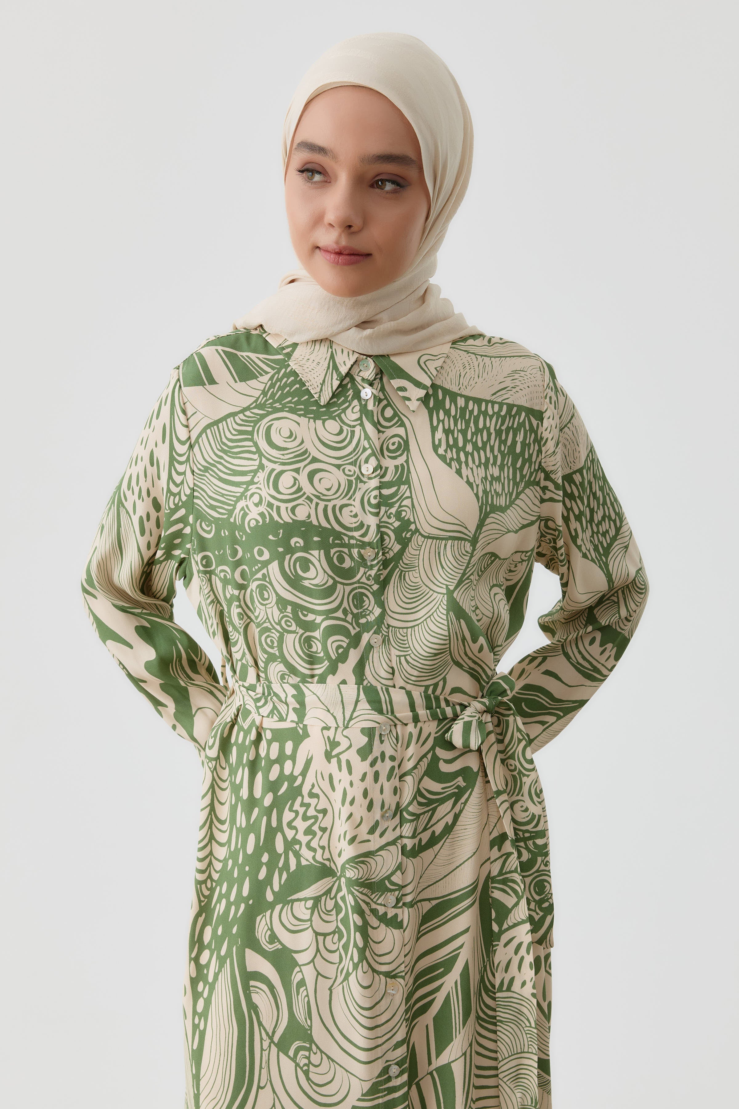 Kemerli Desenli Uzun Tunik - Haki TUGBA