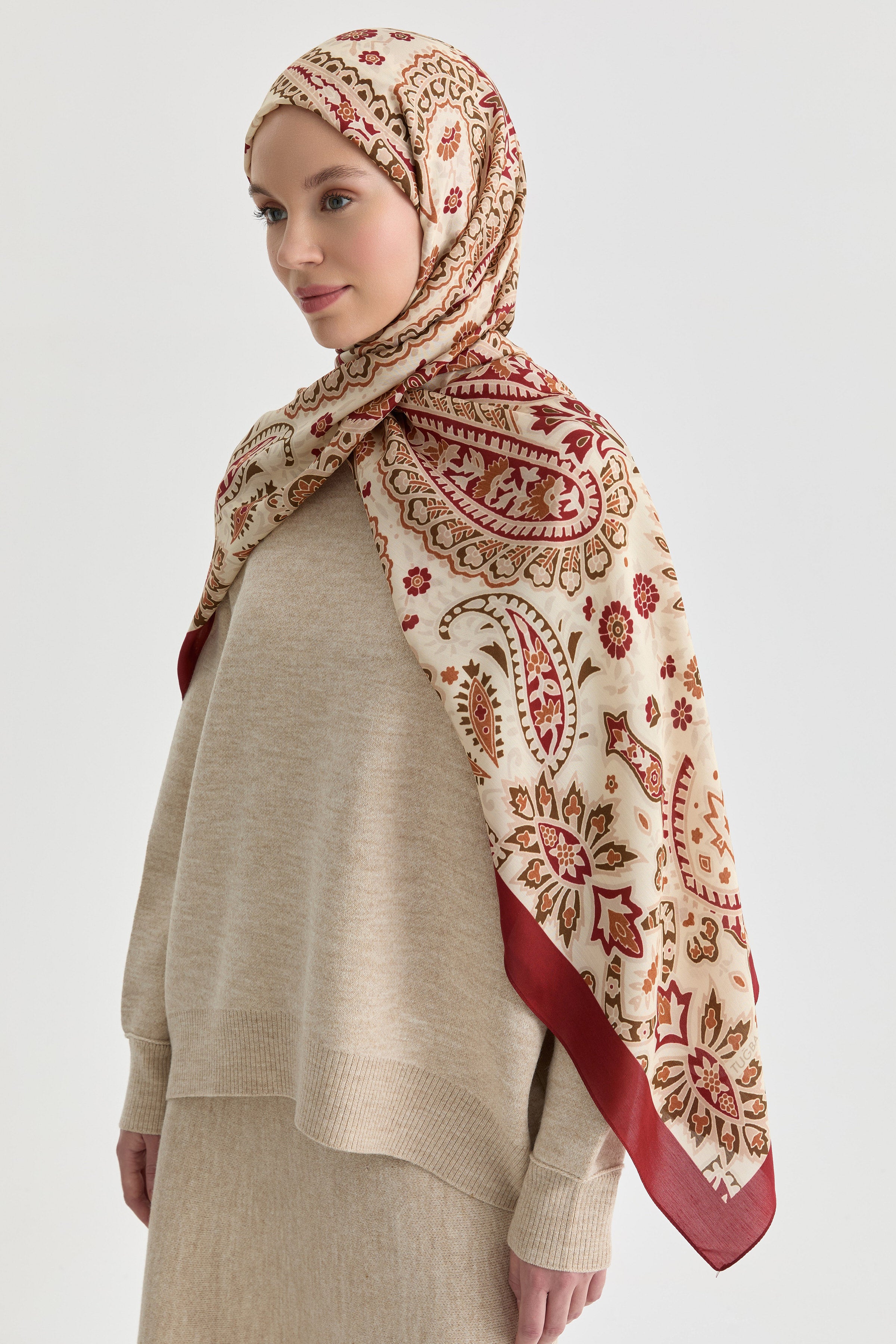 Paisley Desenli Natural Şal - Bordo TUGBA