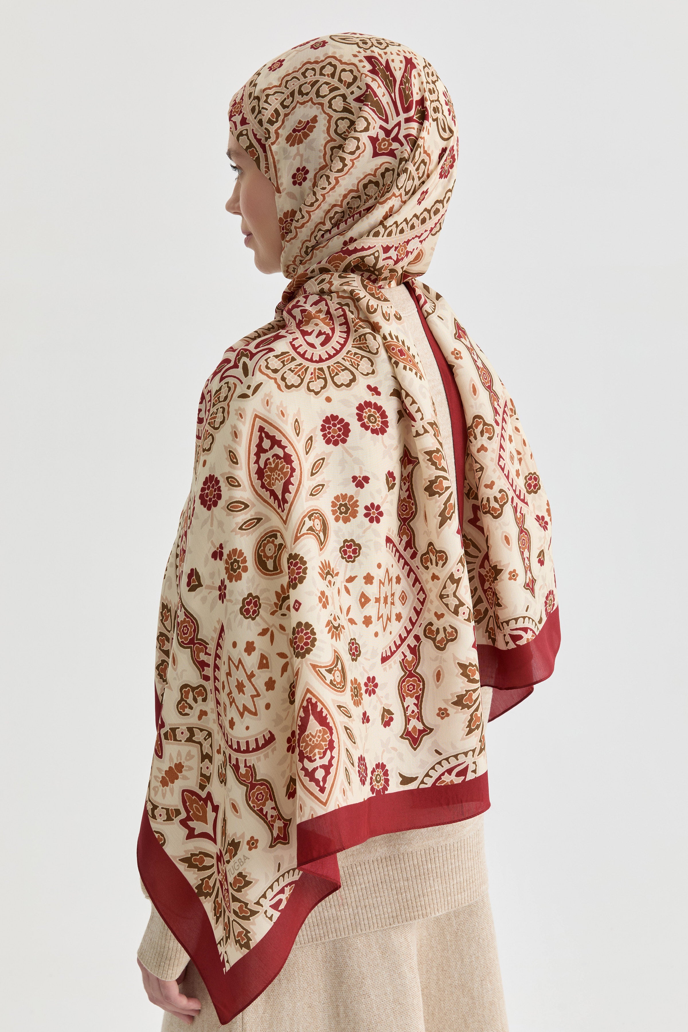 Paisley Desenli Natural Şal - Bordo TUGBA