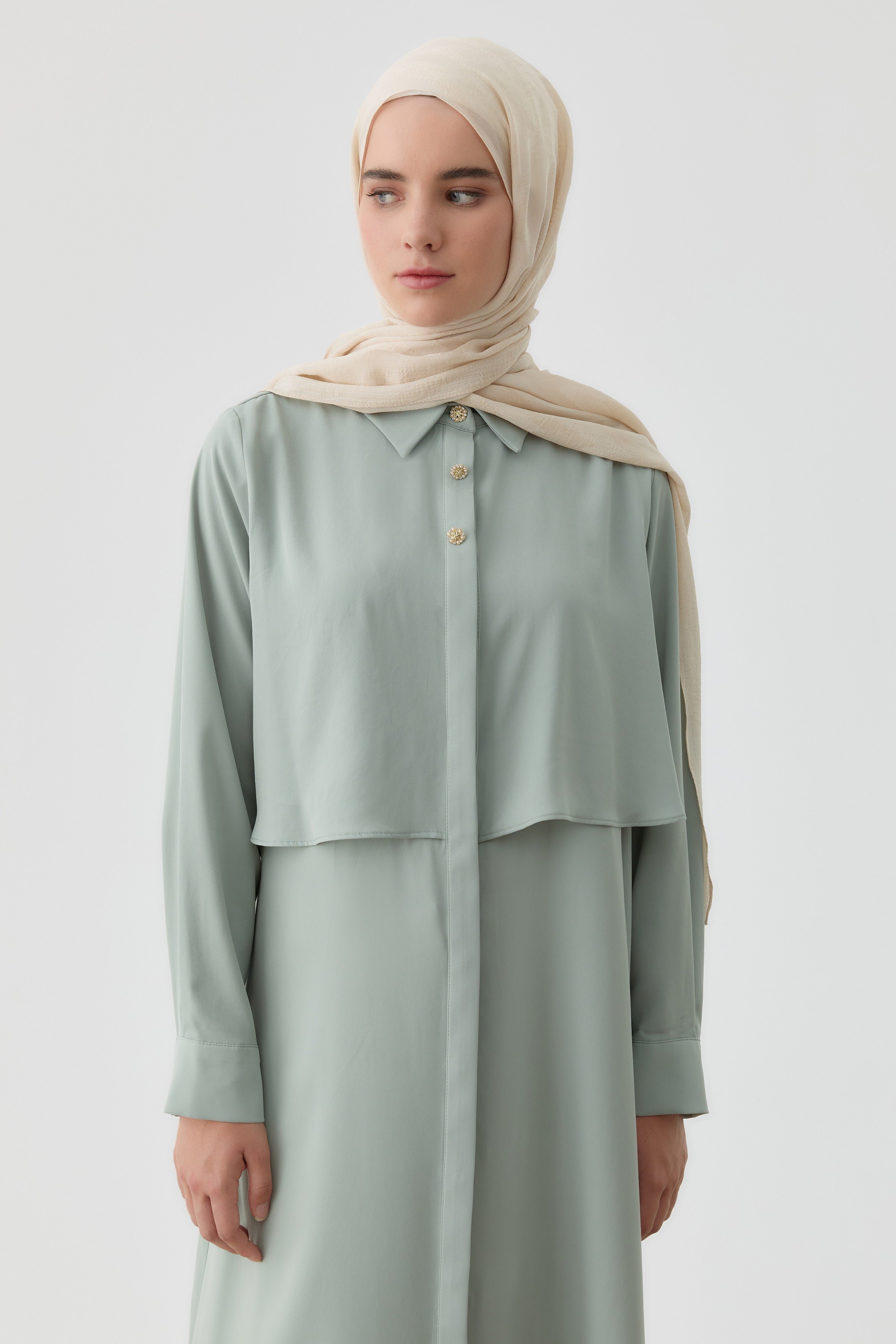 Rüzgarlık Detaylı Çiçek Düğmeli Tunik - Mint TUGBA