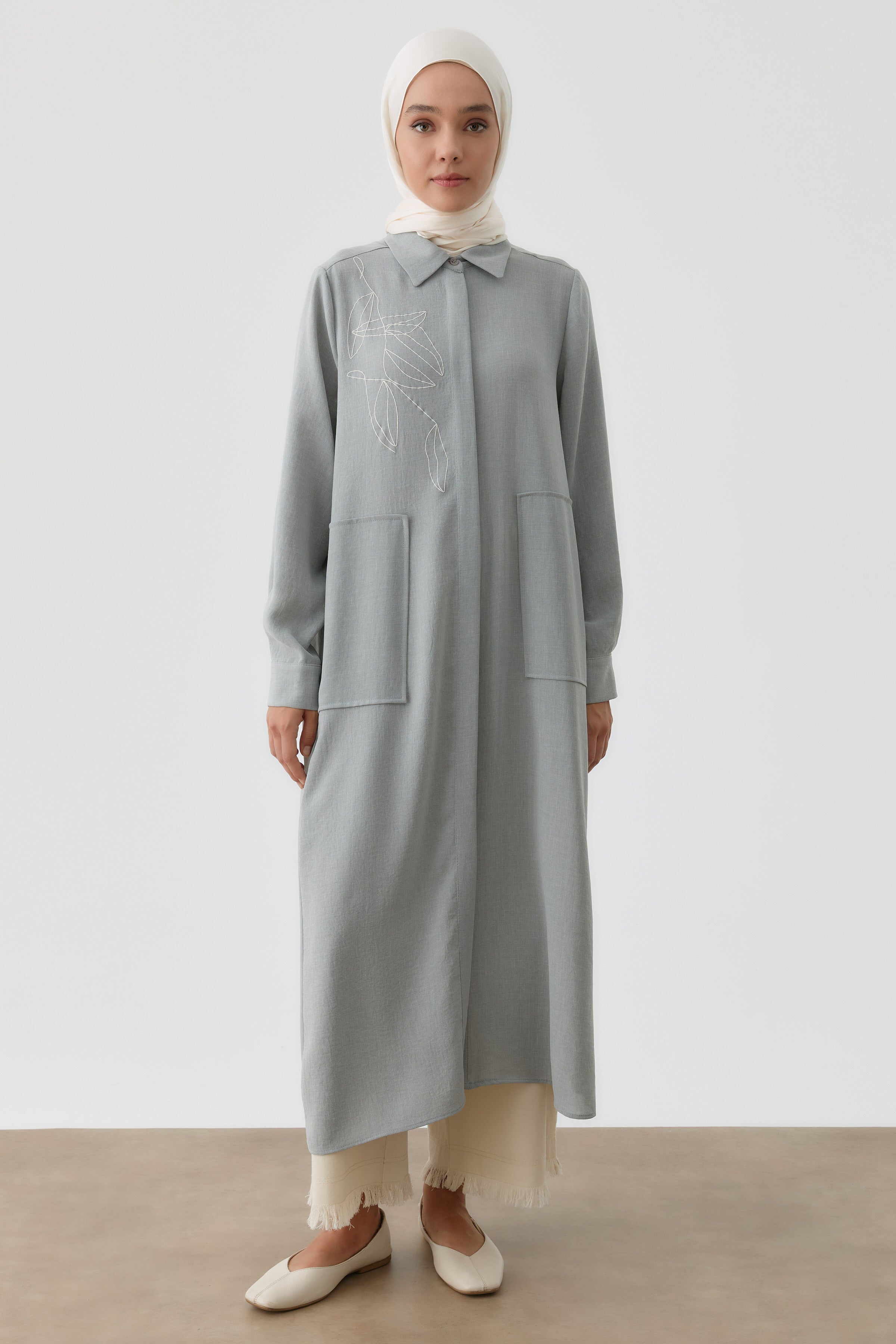 Desen Baskılı Uzun Tunik - Gri TUGBA