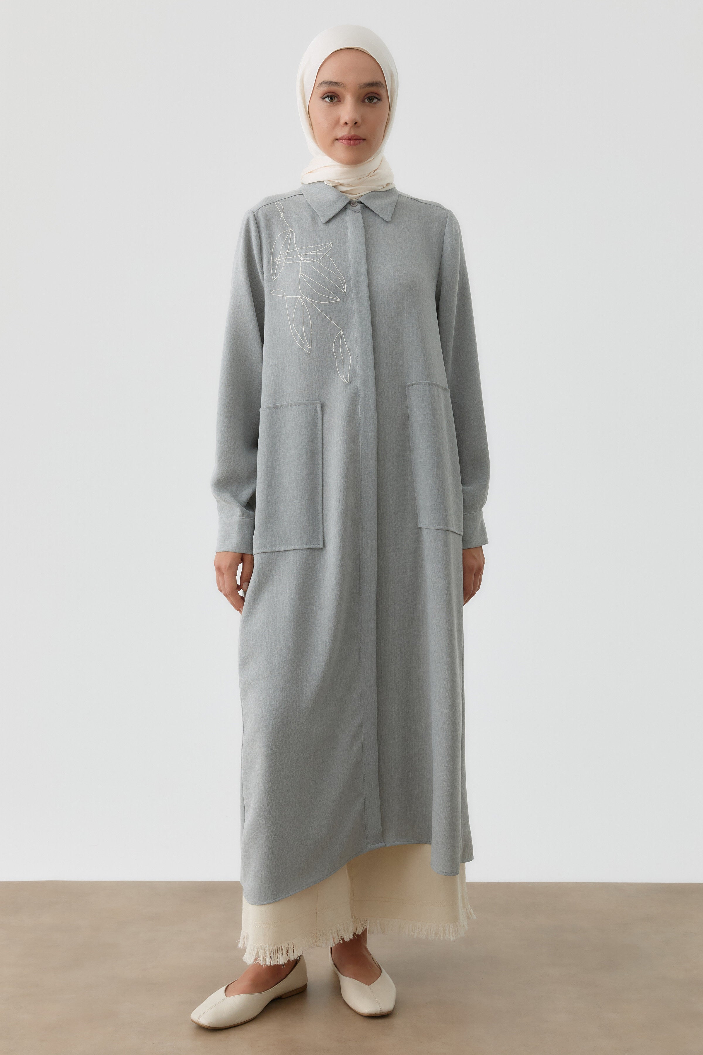 Desen Baskılı Uzun Tunik - Gri TUGBA