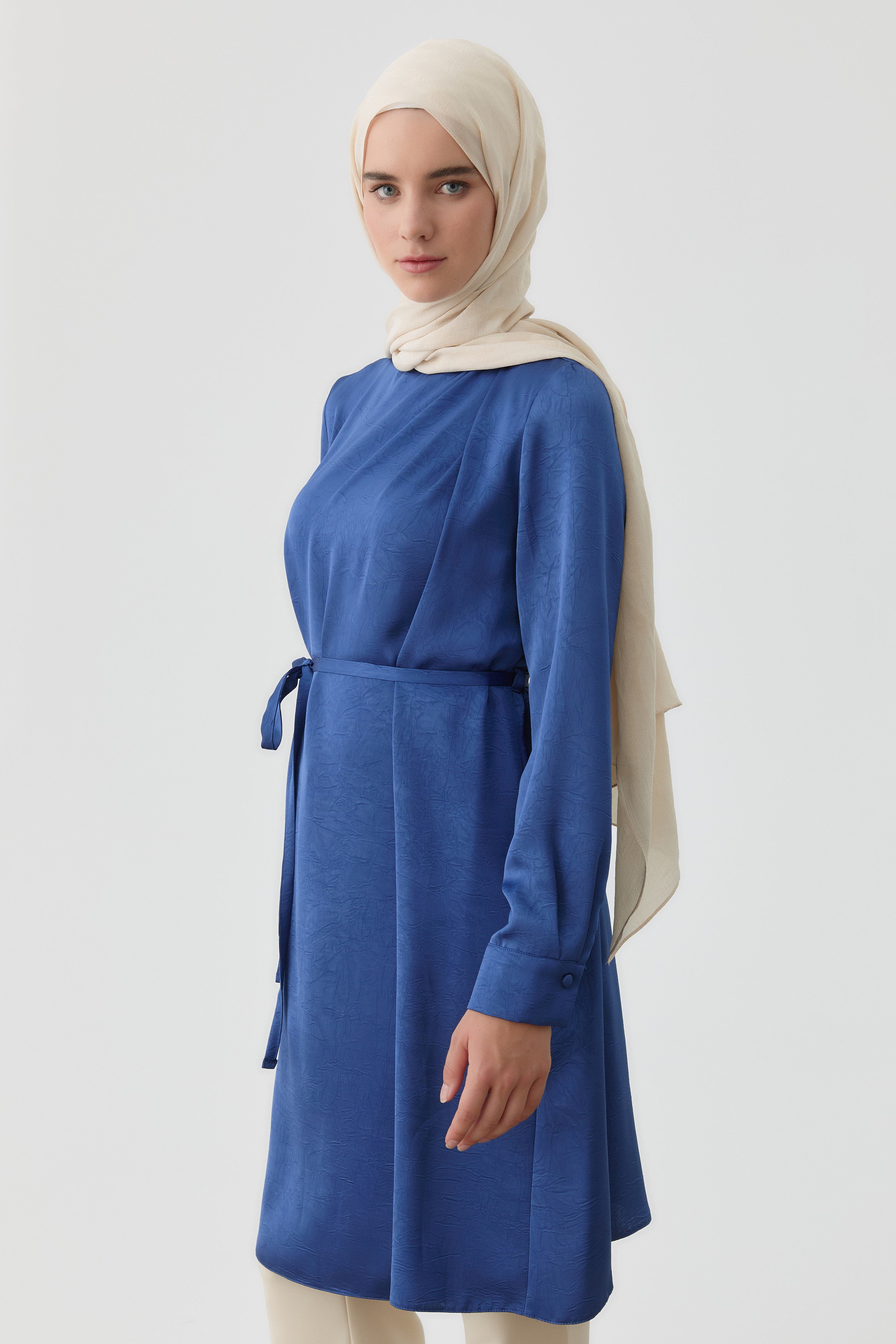 Tek Omuz Pile Detaylı Tunik - İndigo TUGBA