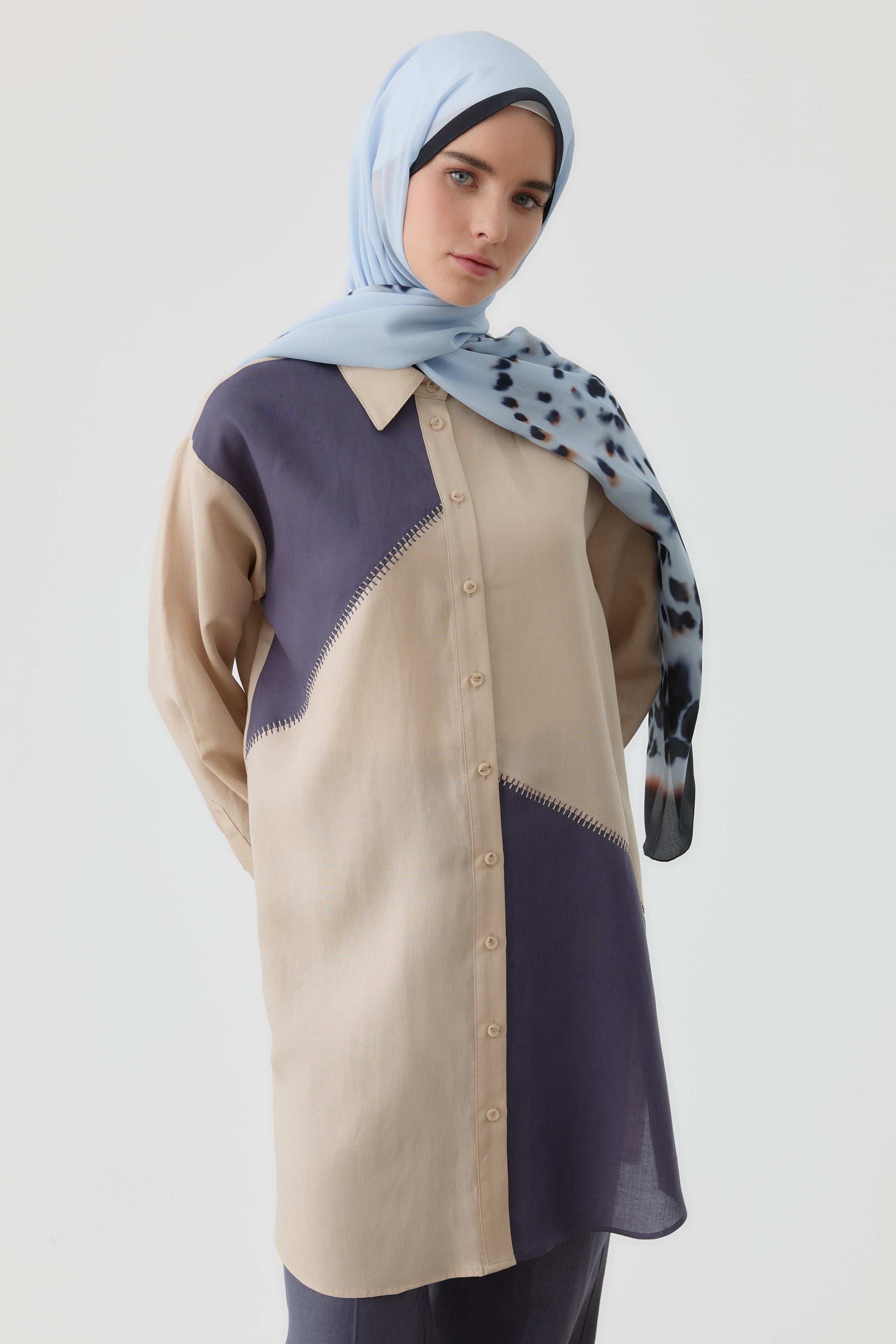 Kombinli Punto Nakışlı Tunik - Bej TUGBA