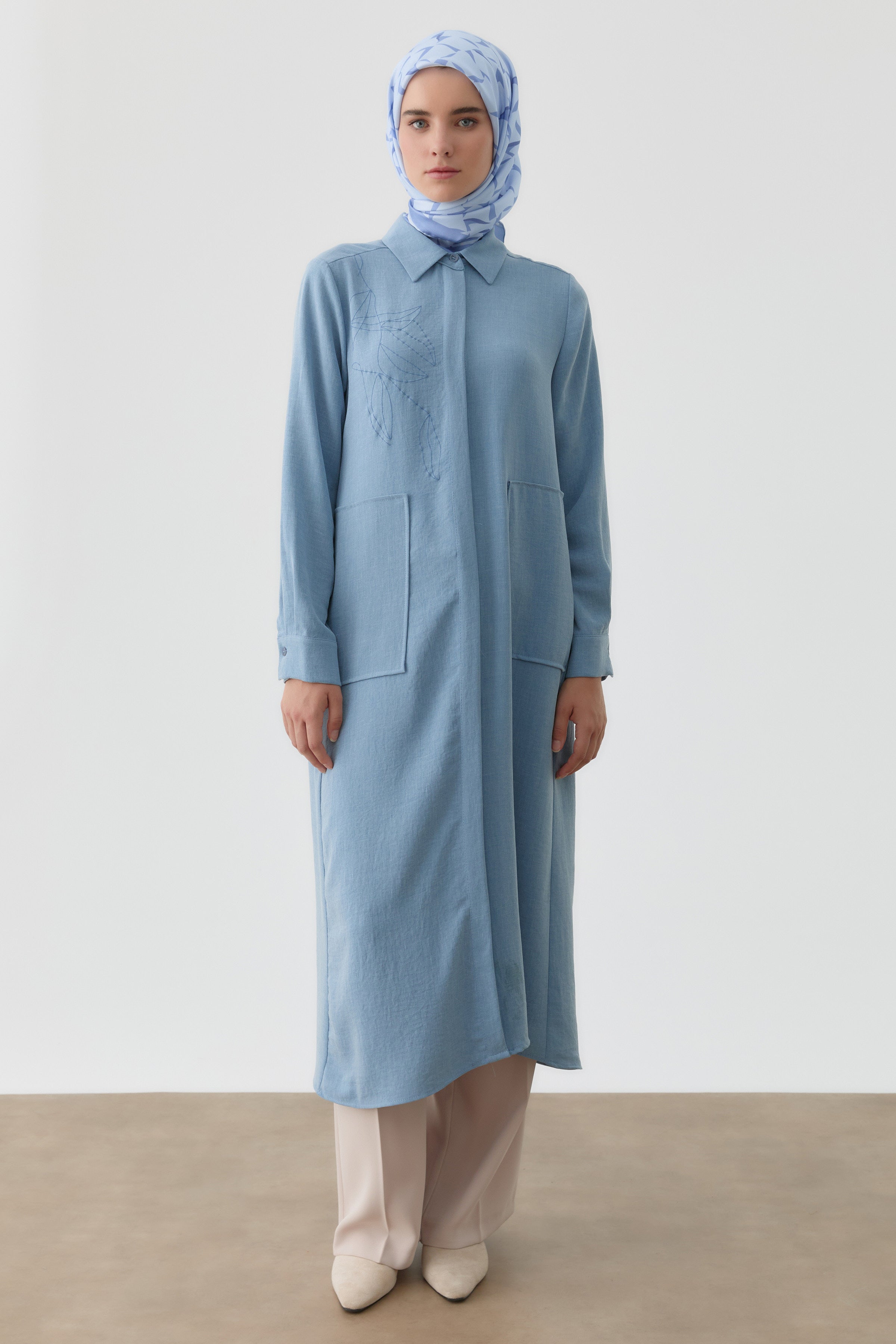 Desen Baskılı Uzun Tunik - Açık Mavi TUGBA