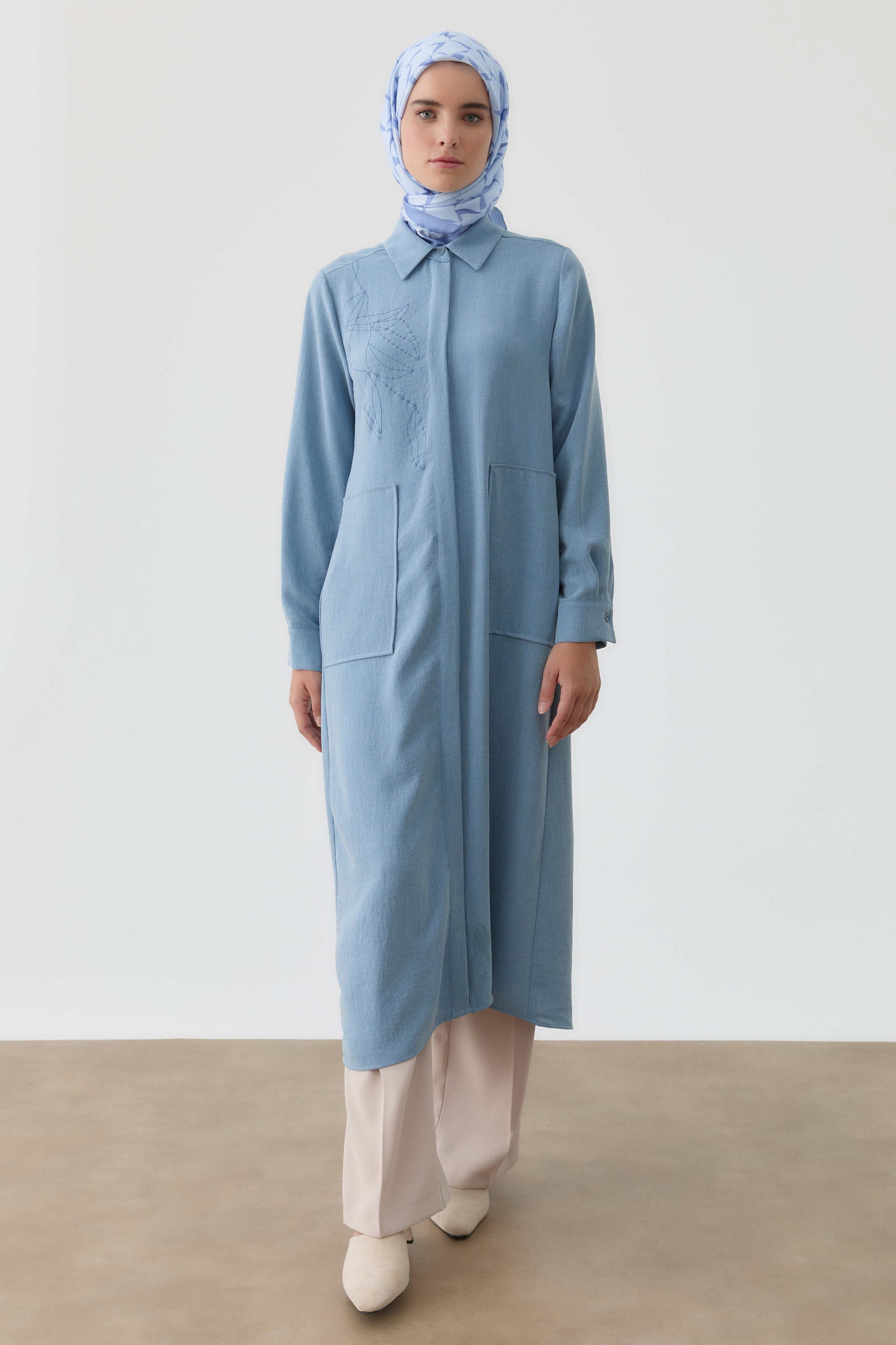 Desen Baskılı Uzun Tunik - Açık Mavi TUGBA