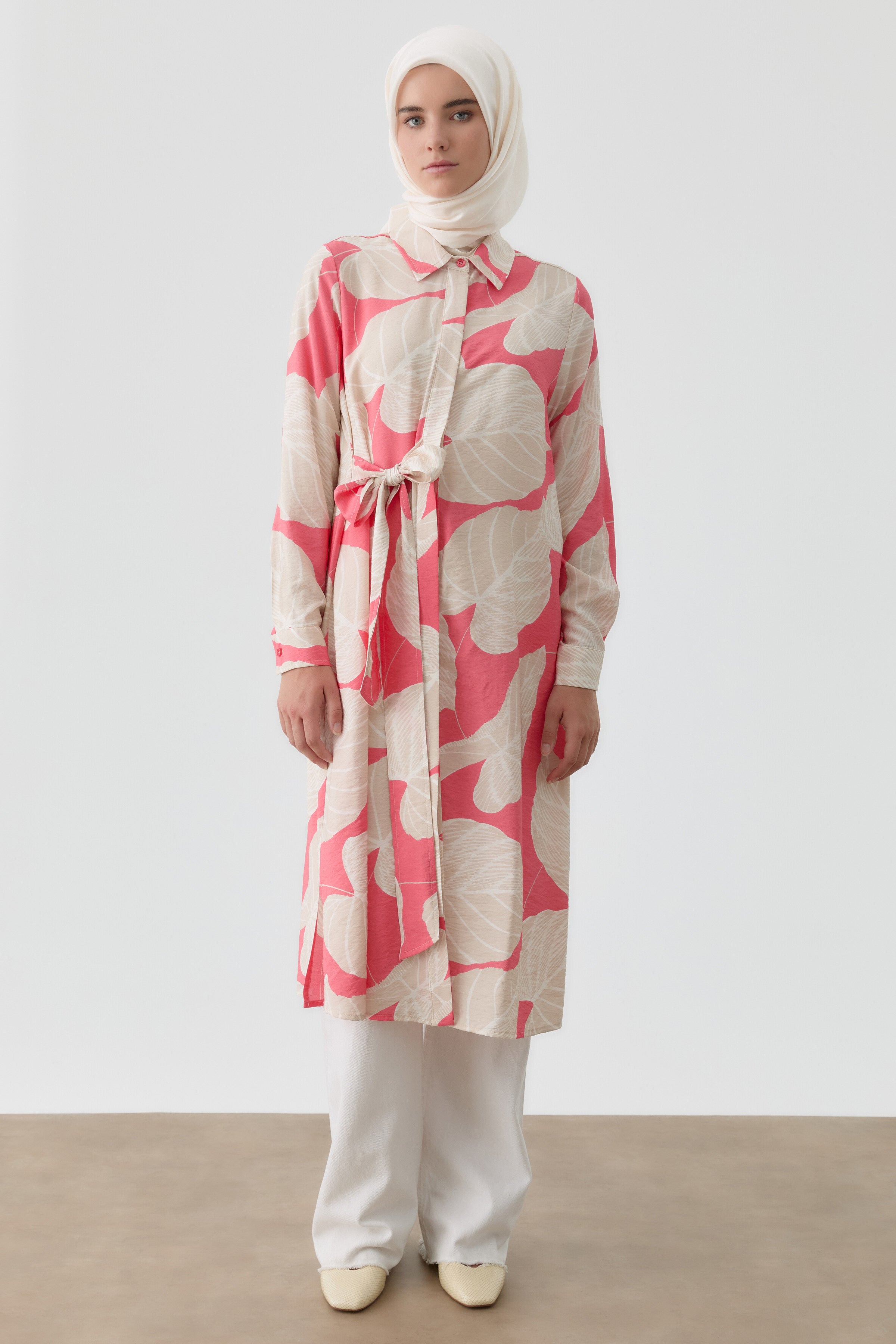 Kendinden Kemerli Desenli Tunik - Pembe TUGBA