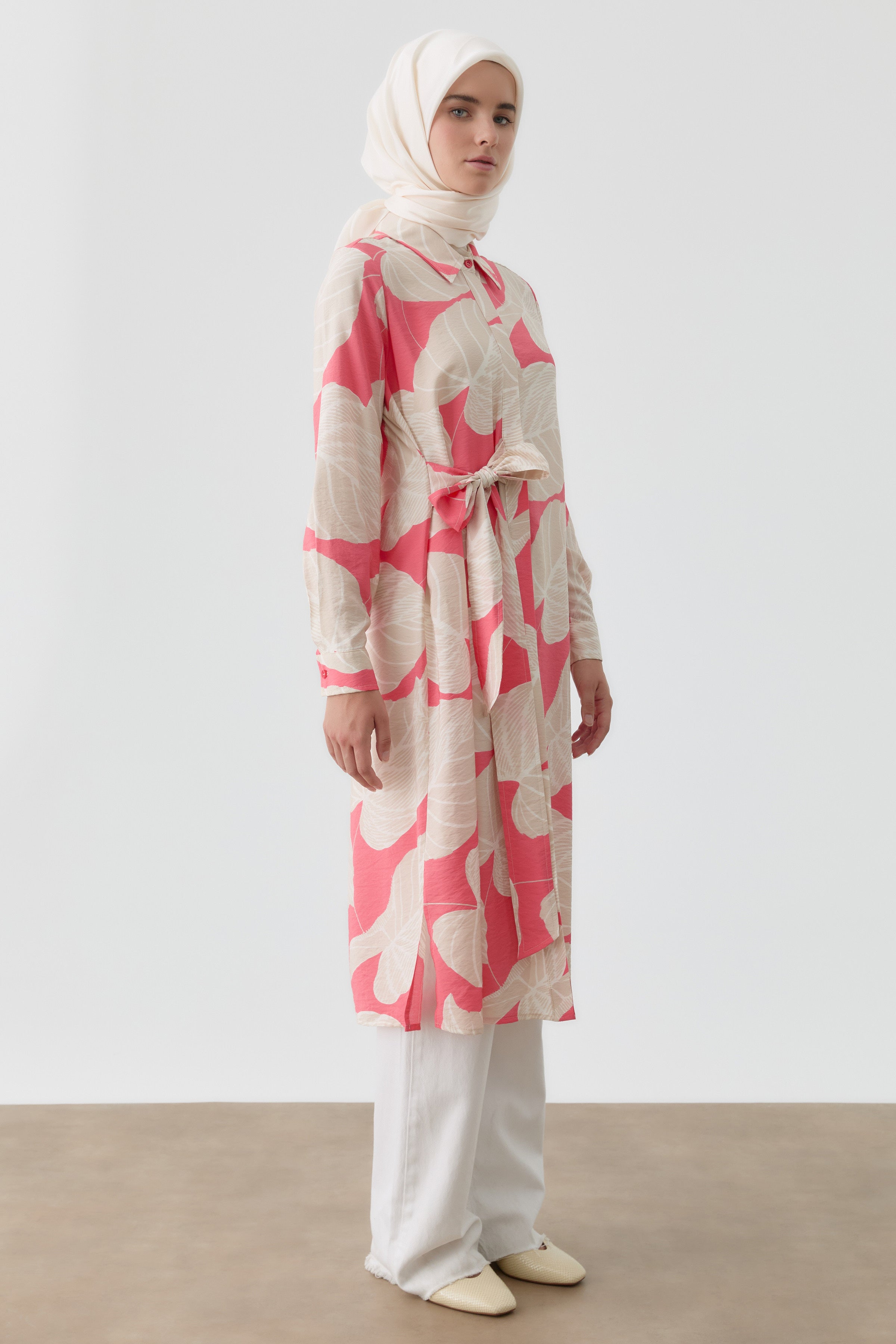 Kendinden Kemerli Desenli Tunik - Pembe TUGBA