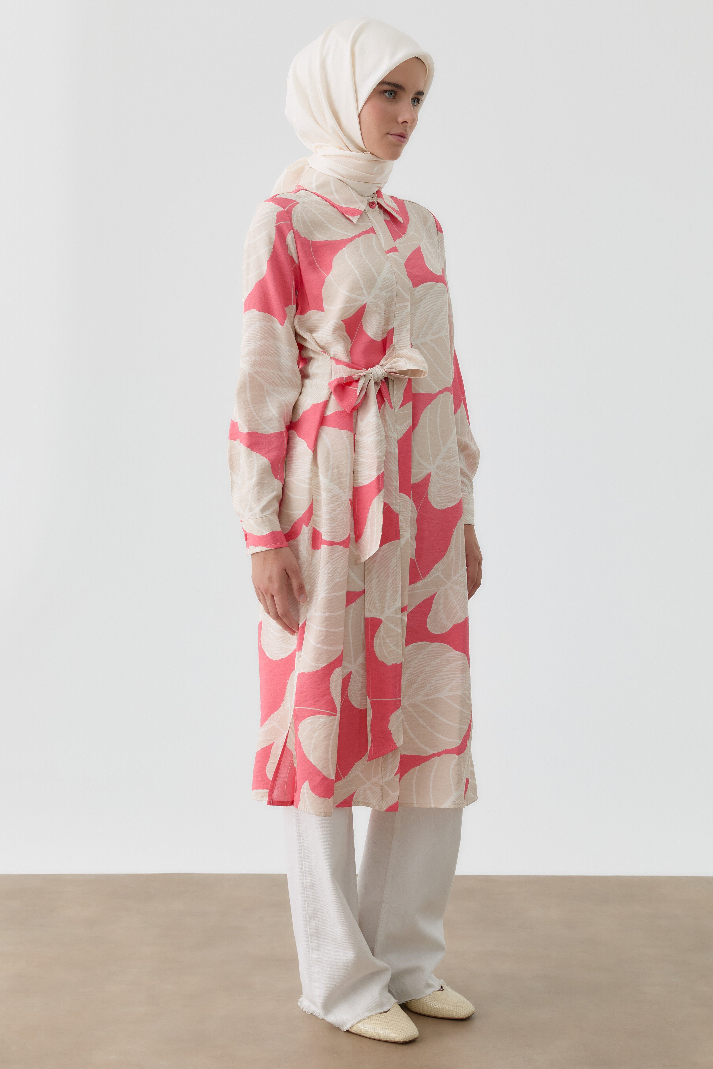 Kendinden Kemerli Desenli Tunik - Pembe TUGBA