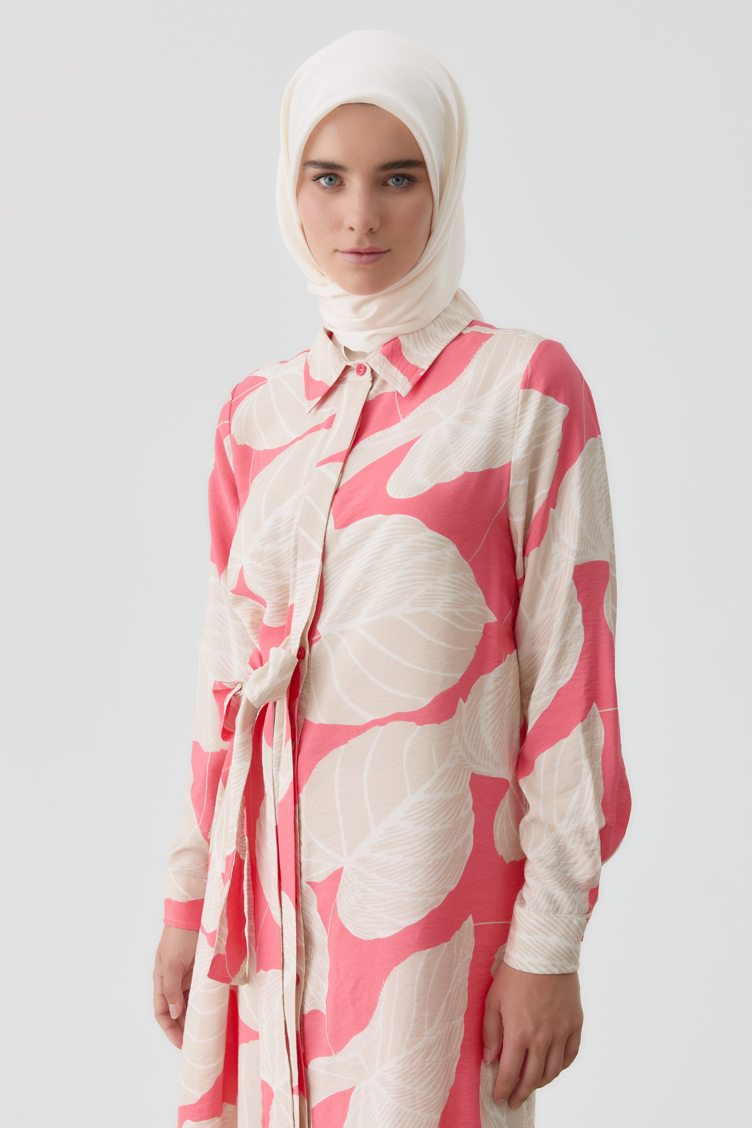 Kendinden Kemerli Desenli Tunik - Pembe TUGBA