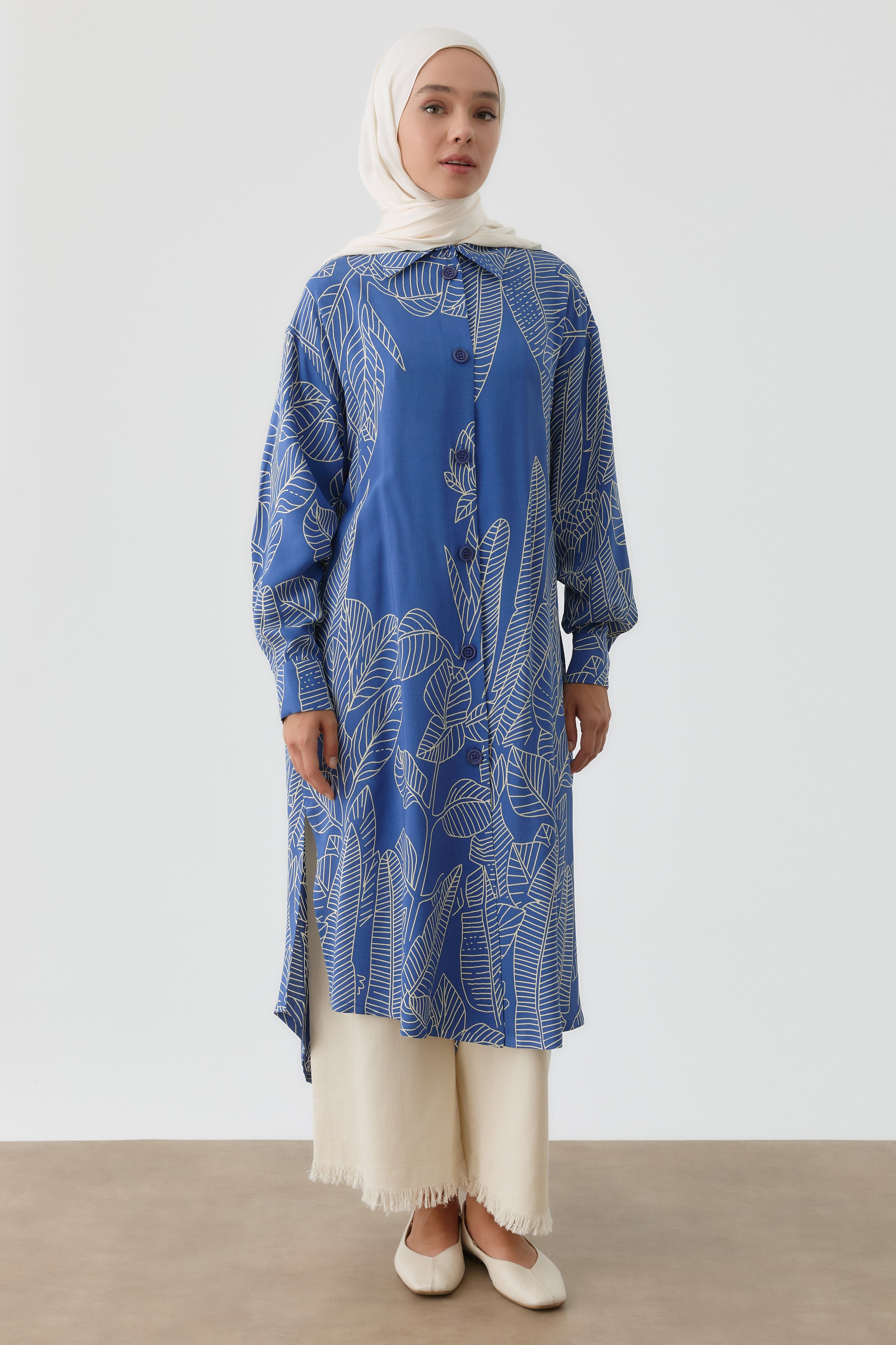 Yaprak Desenli Tunik - İndigo TUGBA