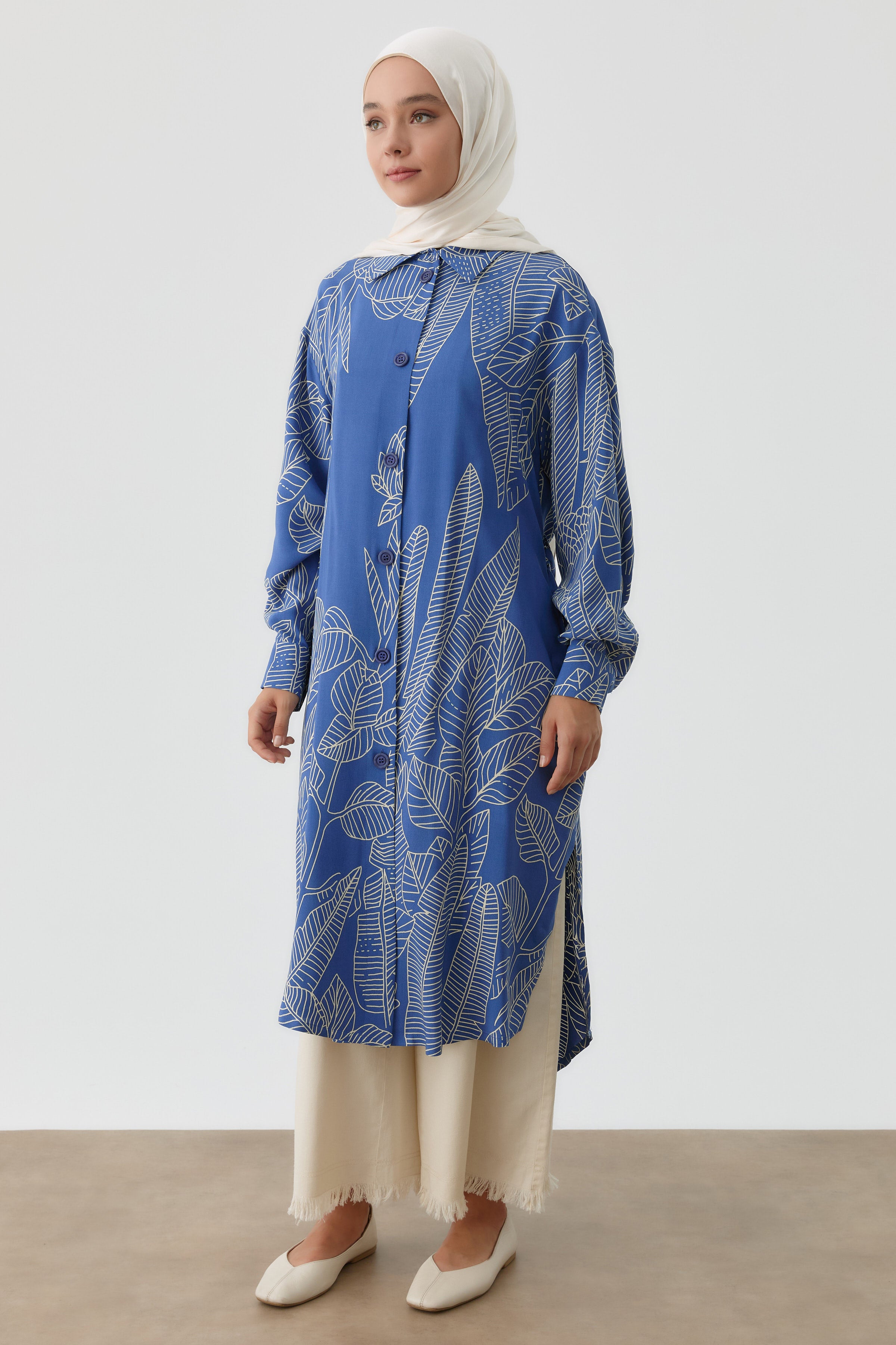 Yaprak Desenli Tunik - İndigo TUGBA