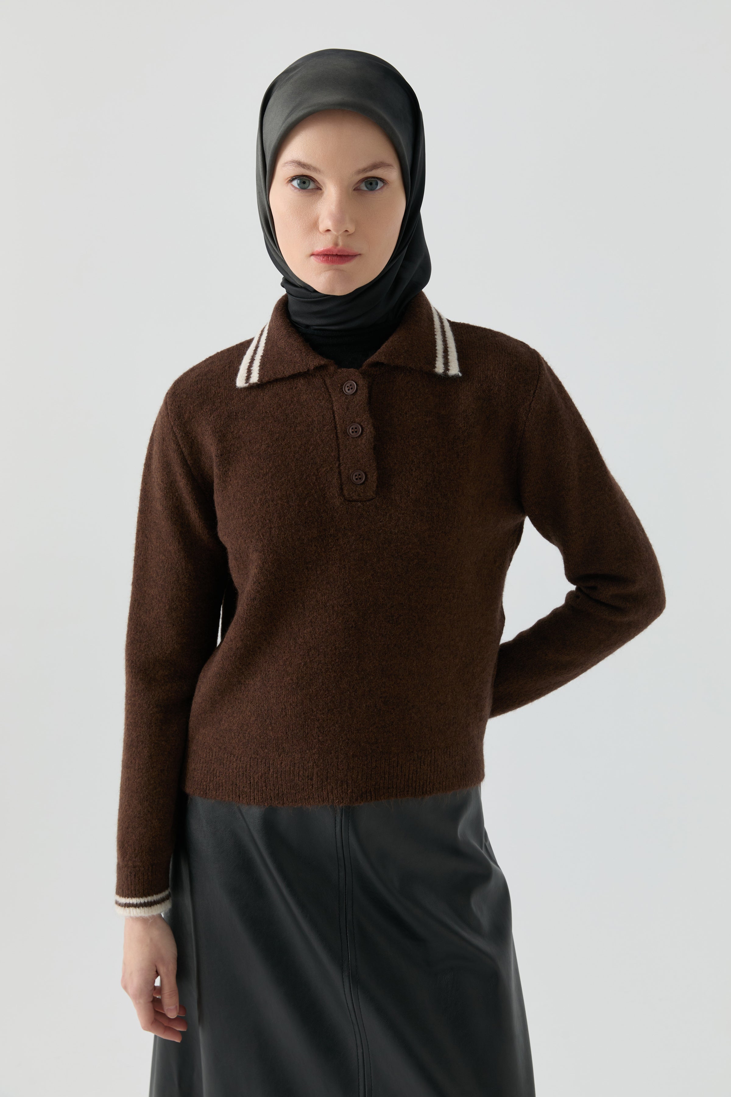 Çizgili Triko Kazak - Kahve TUGBA