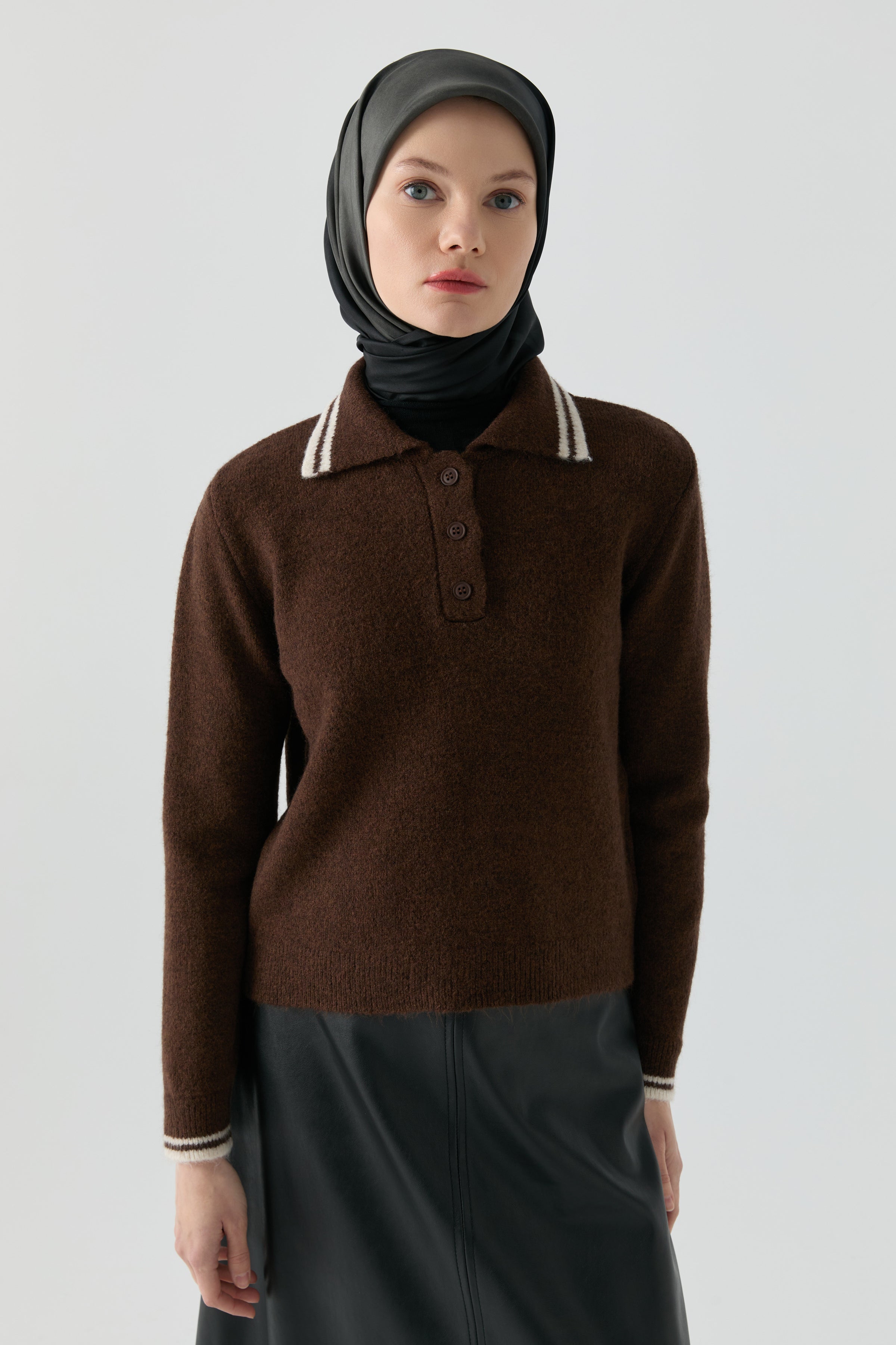 Çizgili Triko Kazak - Kahve TUGBA