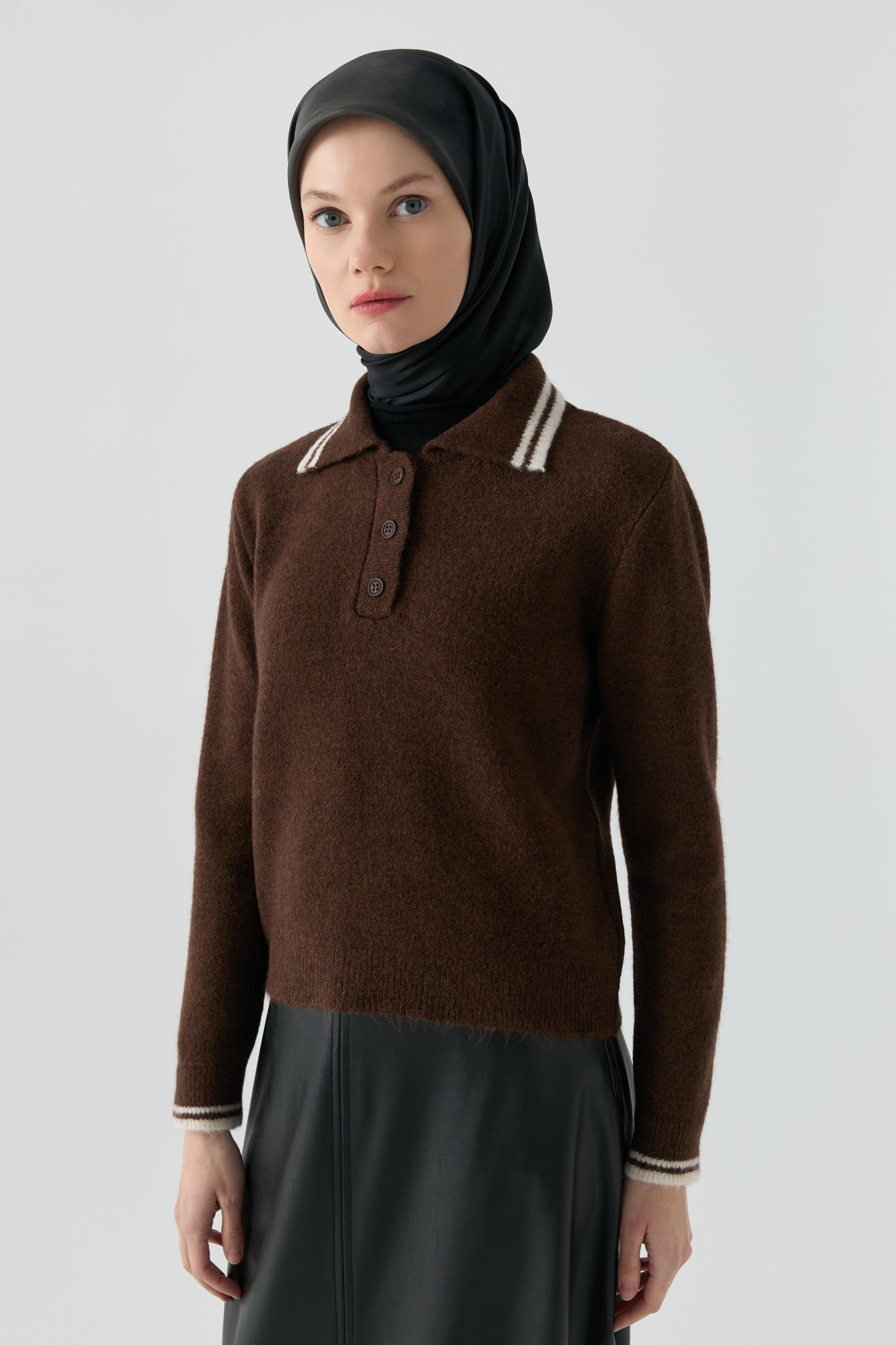 Çizgili Triko Kazak - Kahve TUGBA