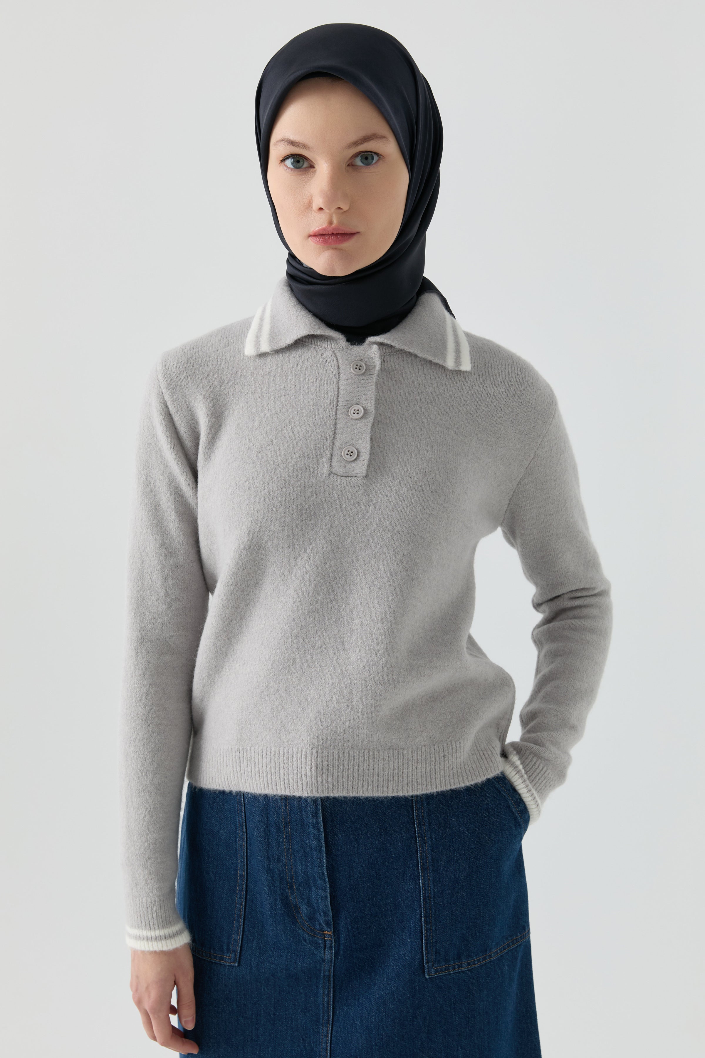 Çizgili Triko Kazak - Gri TUGBA