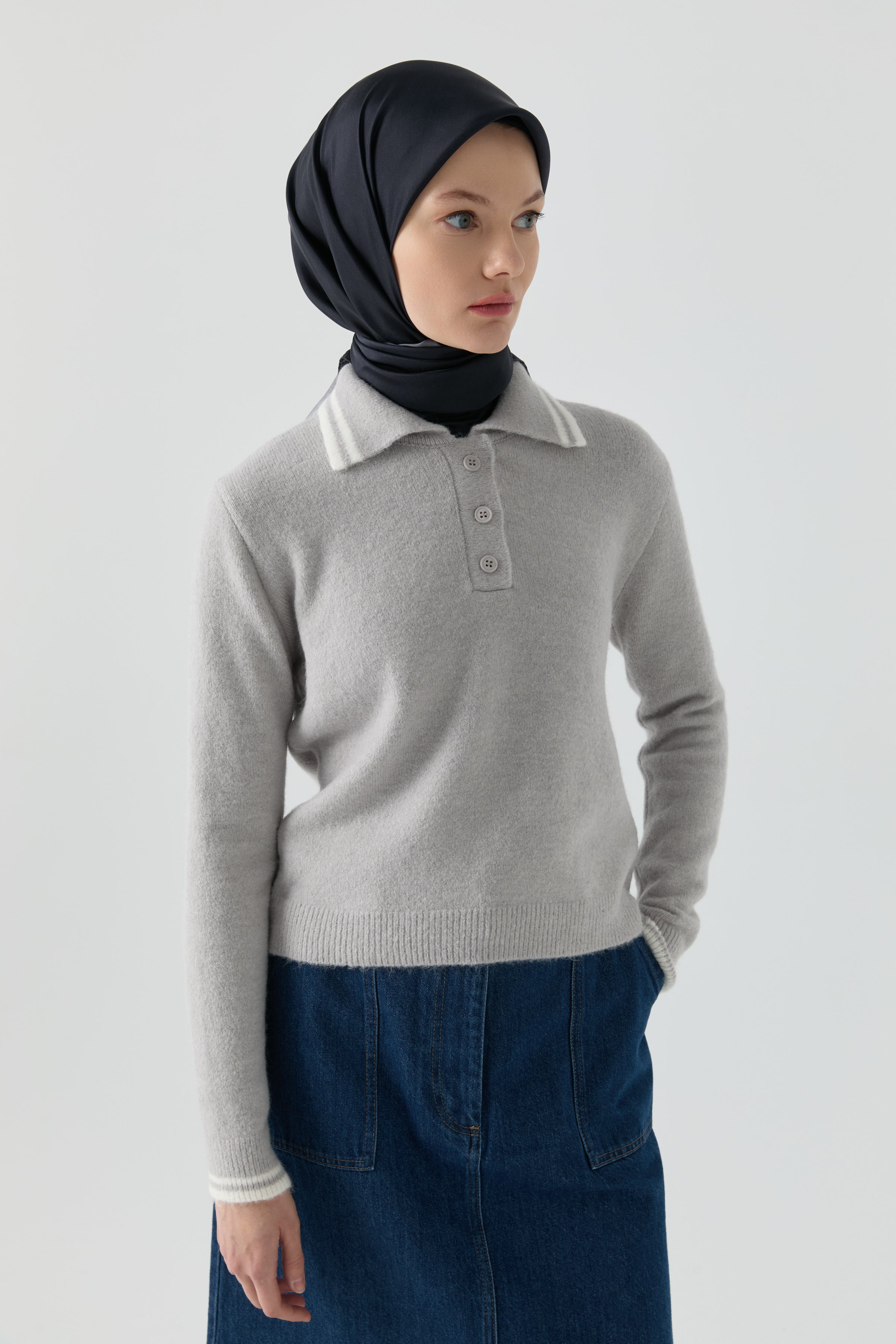 Çizgili Triko Kazak - Gri TUGBA