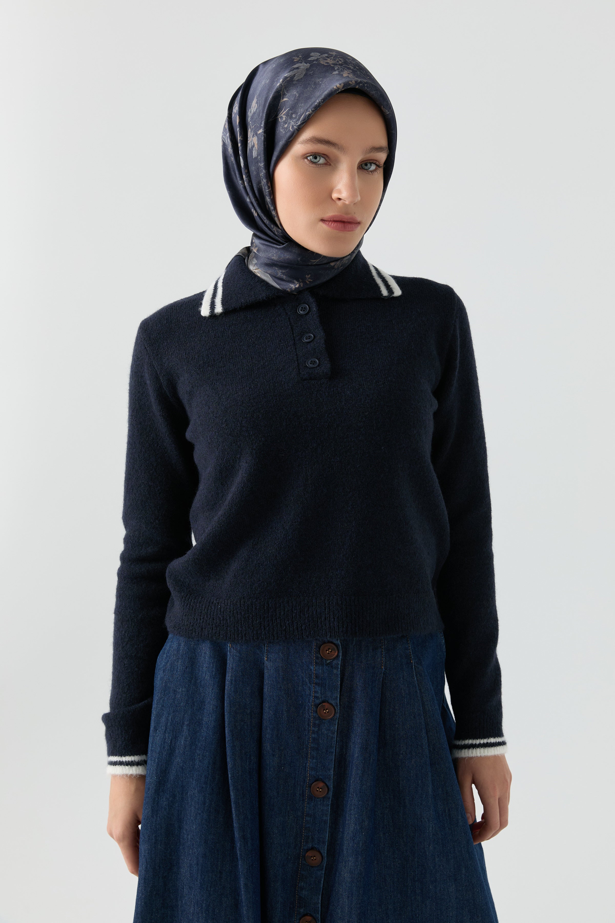 Çizgili Triko Kazak - Lacivert TUGBA