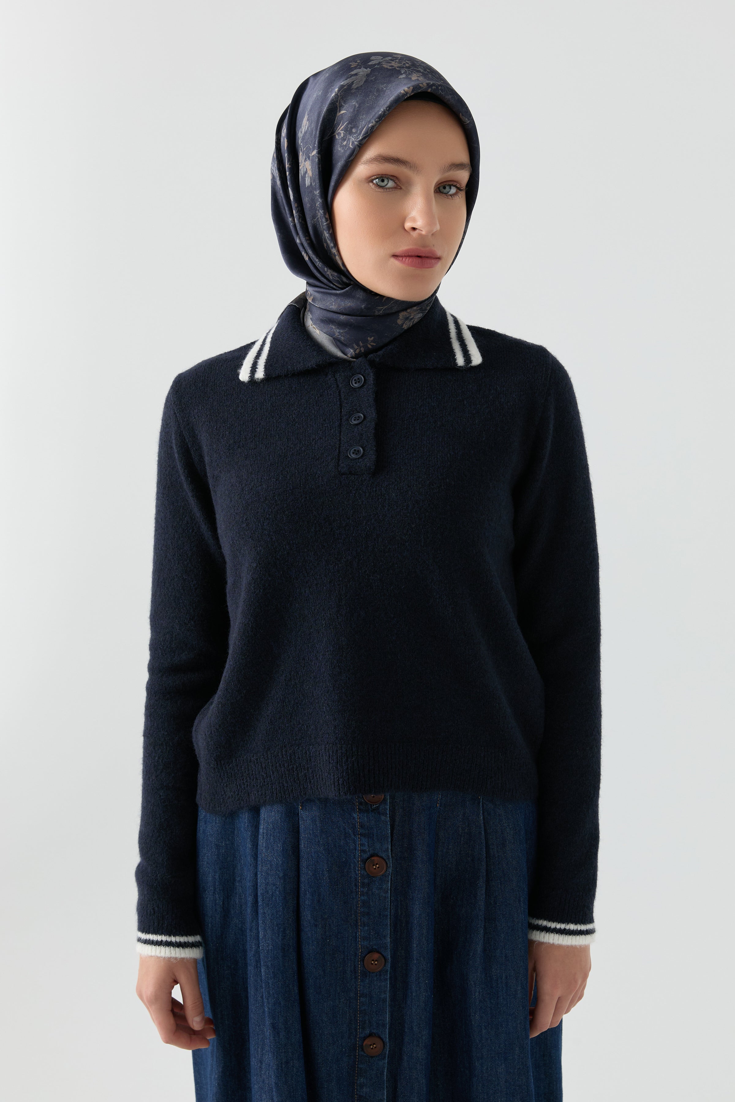 Çizgili Triko Kazak - Lacivert TUGBA