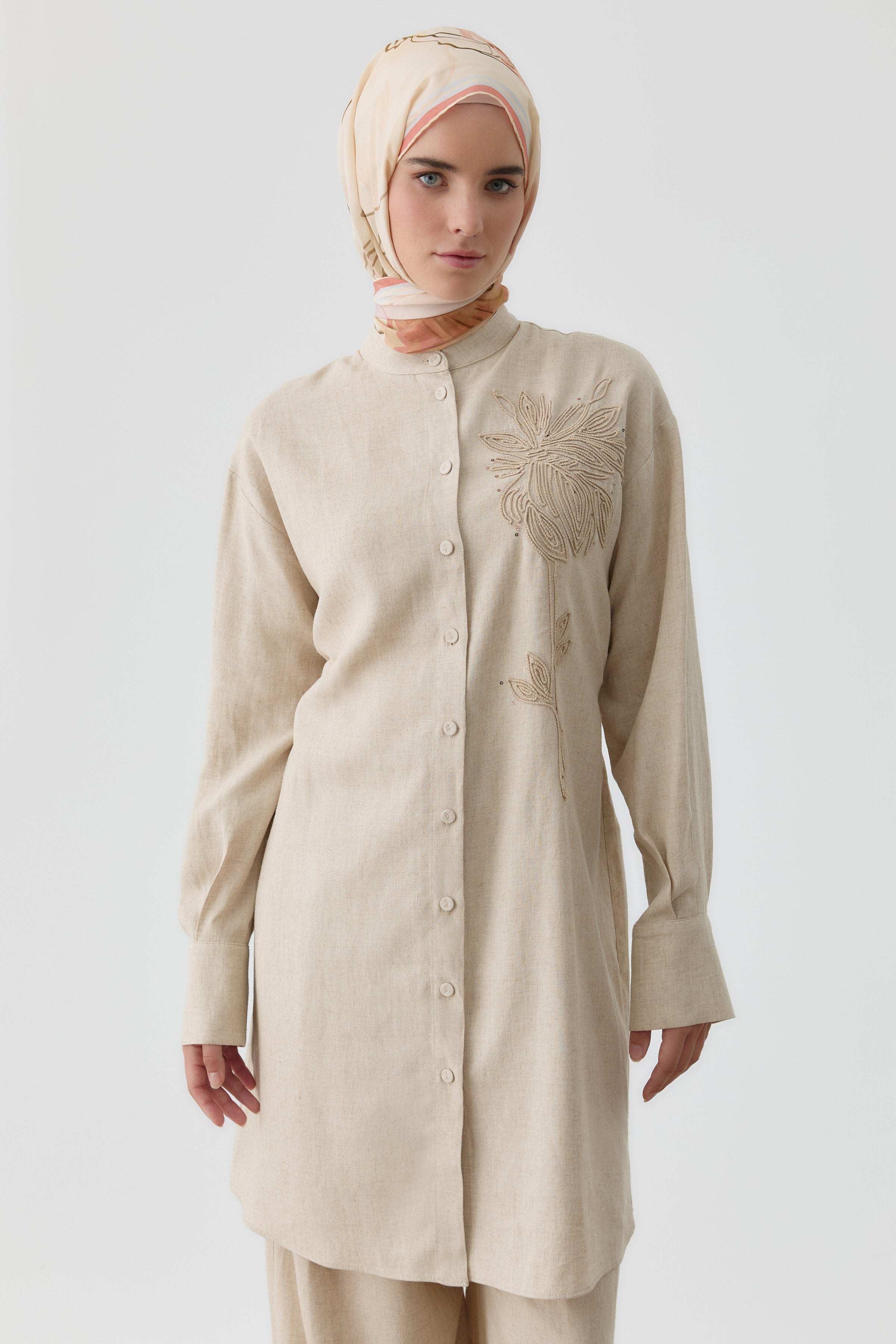 Nakışlı Bel Bağcıklı Tunik - Bej TUGBA