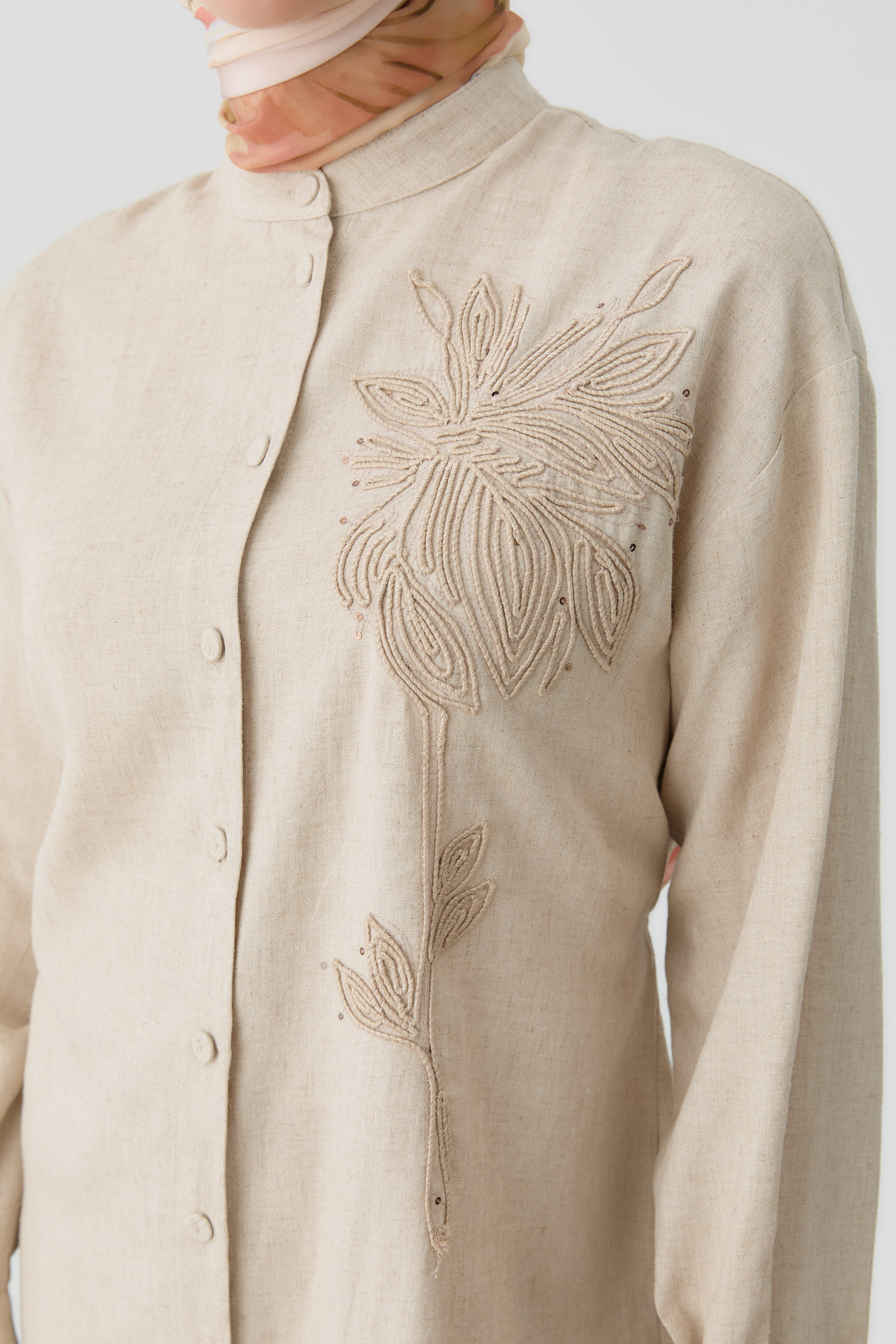 Nakışlı Bel Bağcıklı Tunik - Bej TUGBA