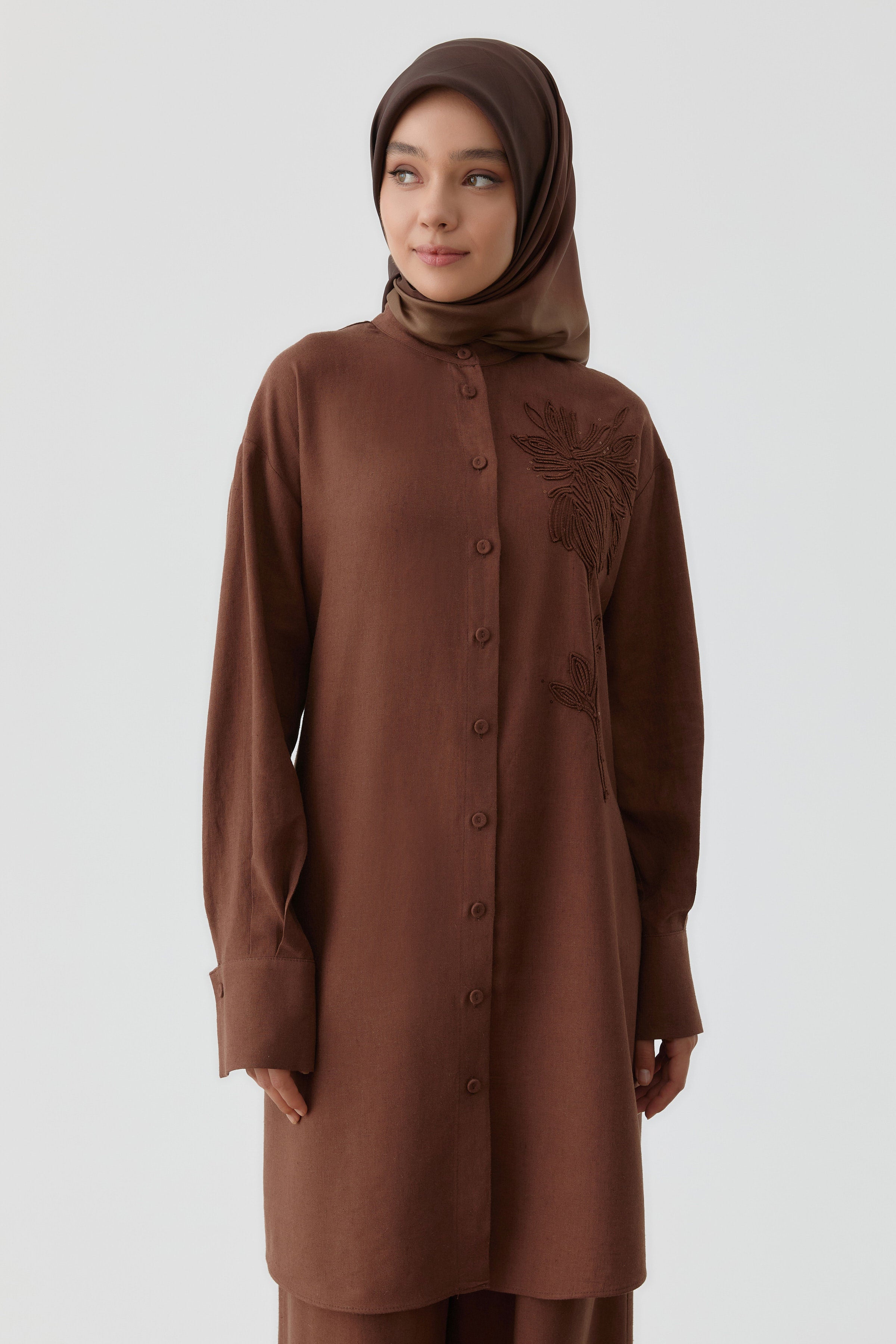 Nakışlı Bel Bağcıklı Tunik - Acı Kahve TUGBA