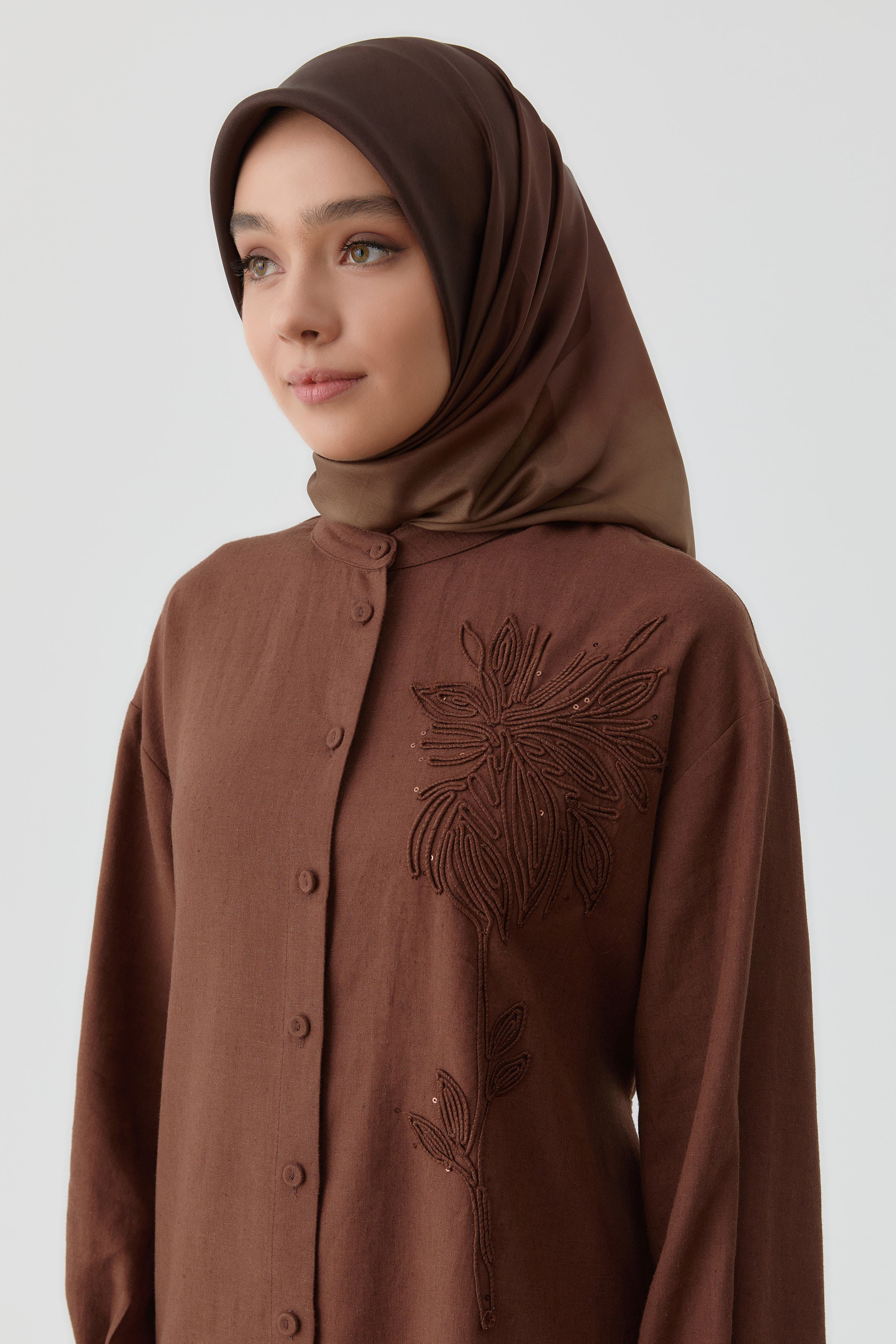 Nakışlı Bel Bağcıklı Tunik - Acı Kahve TUGBA