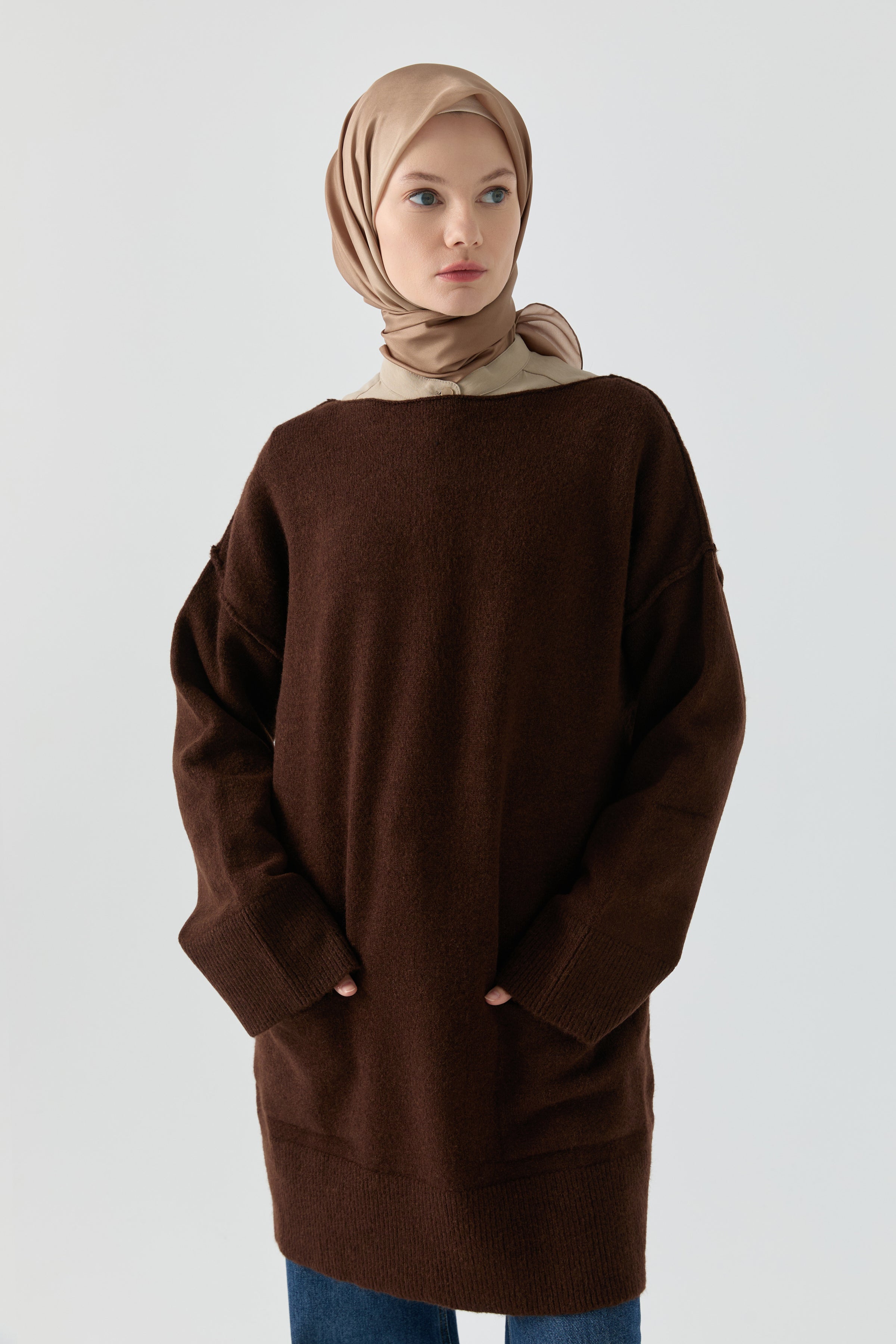 Kırçıl Desenli Tunik - Koyu Kahve TUGBA