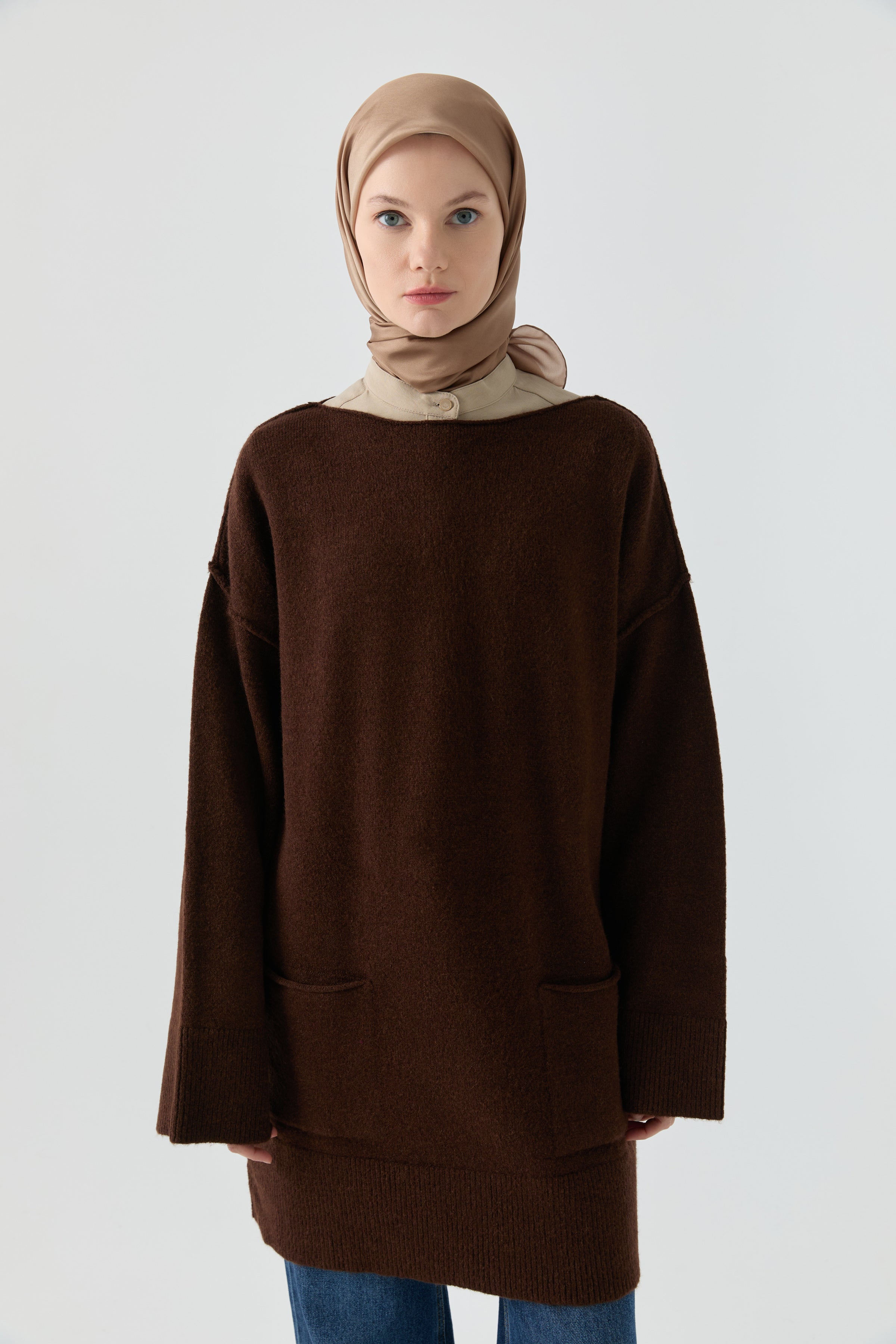 Kırçıl Desenli Tunik - Koyu Kahve TUGBA