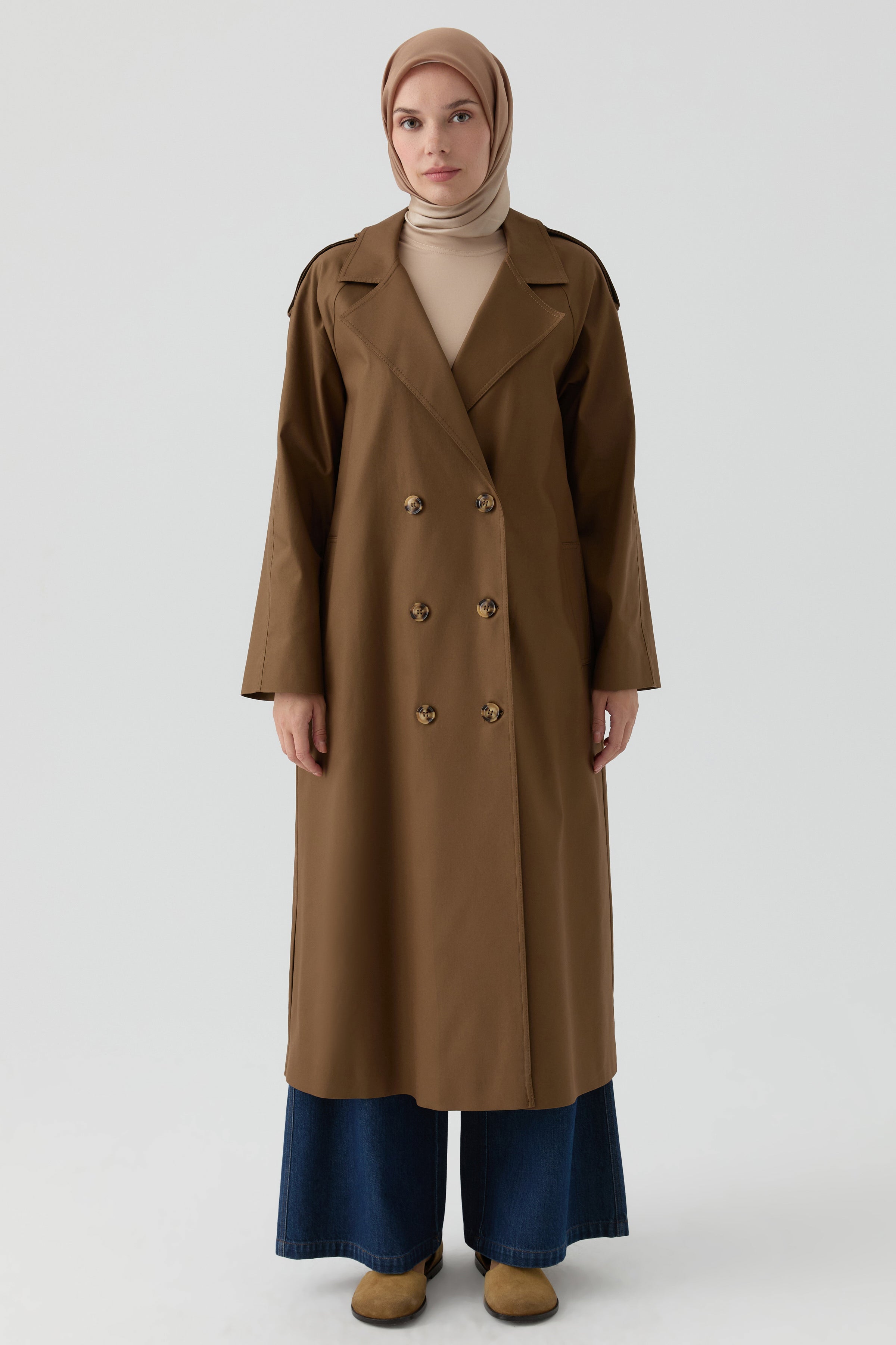Apolet Detaylı Kruvaze Trençkot - Kahve TUGBA