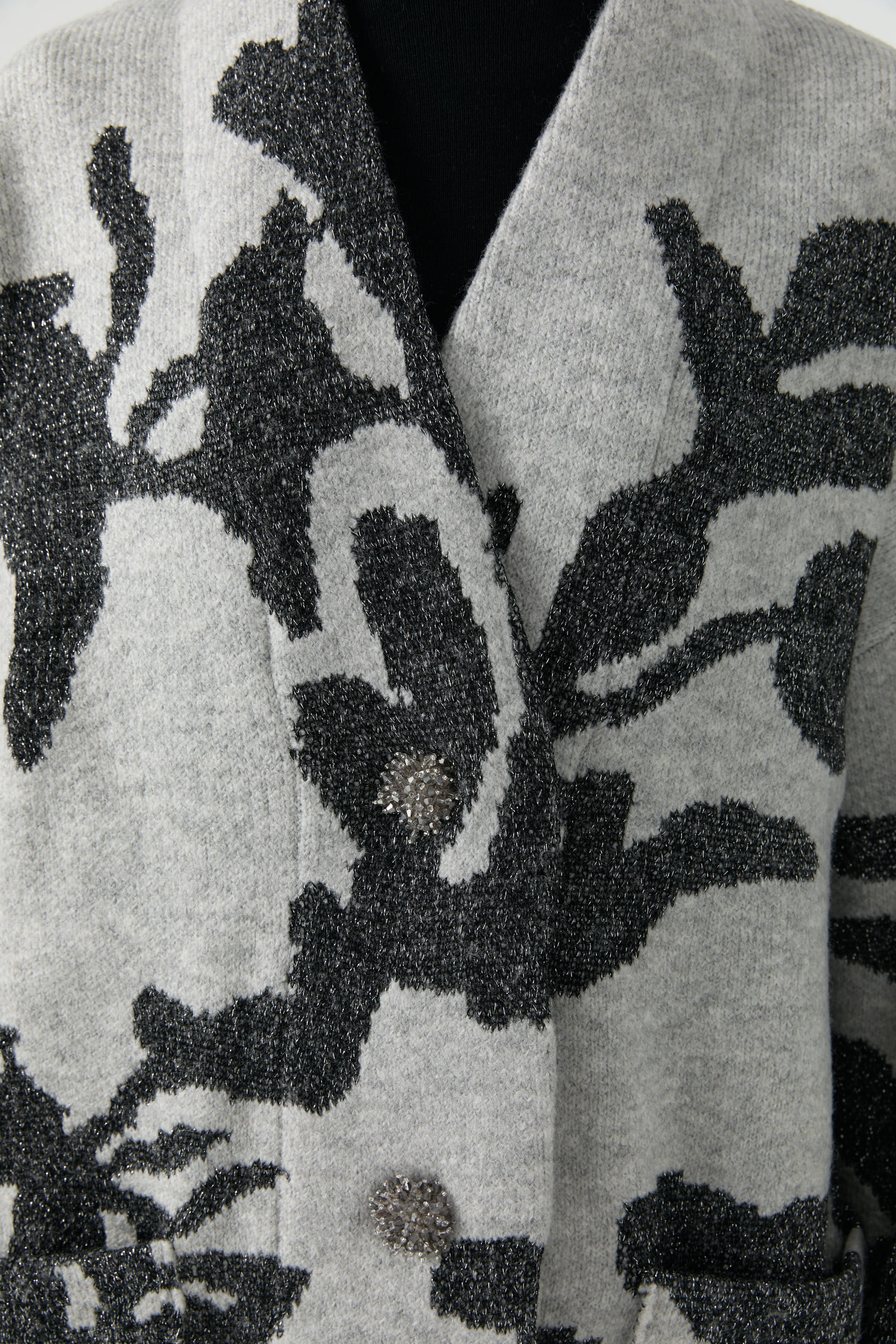 Çiçek Desenli Triko Hırka - Gri TUGBA