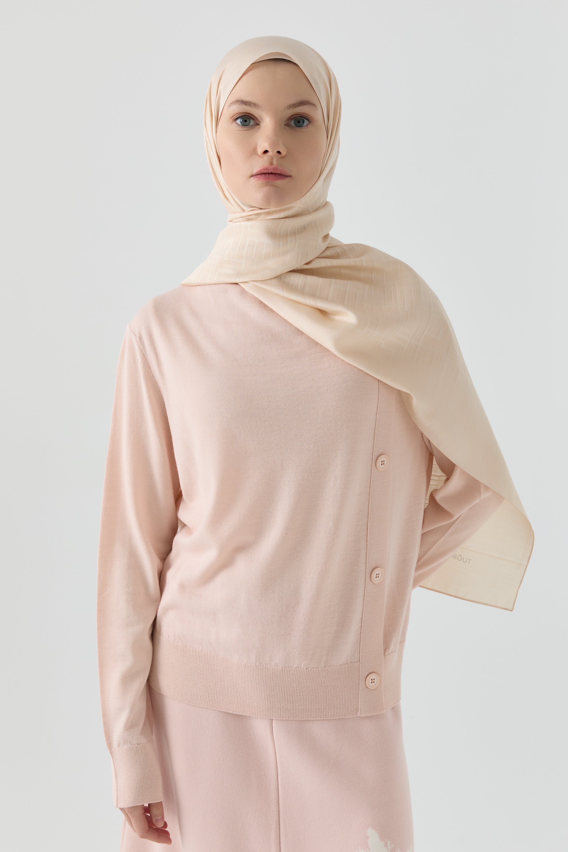 Yandan Düğmeli Kazak - Pudra TUGBA