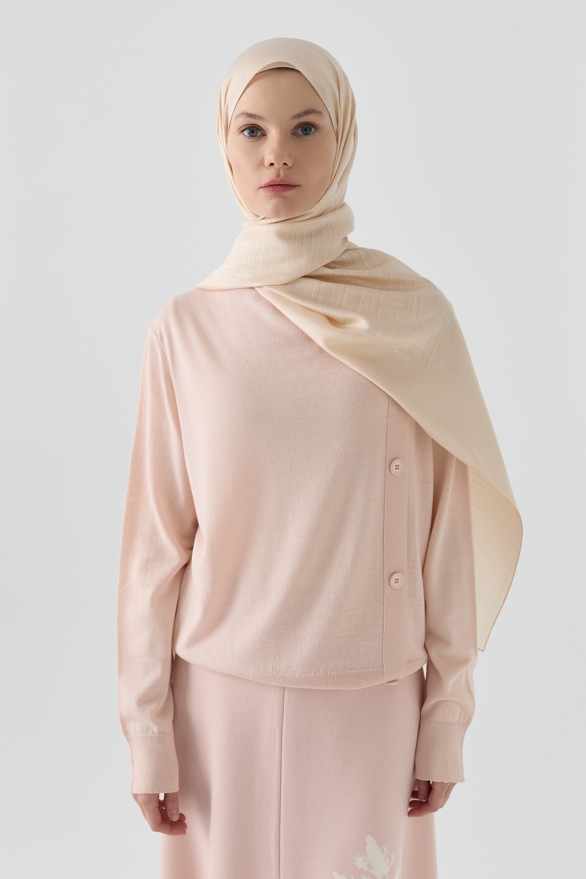 Yandan Düğmeli Kazak - Pudra TUGBA