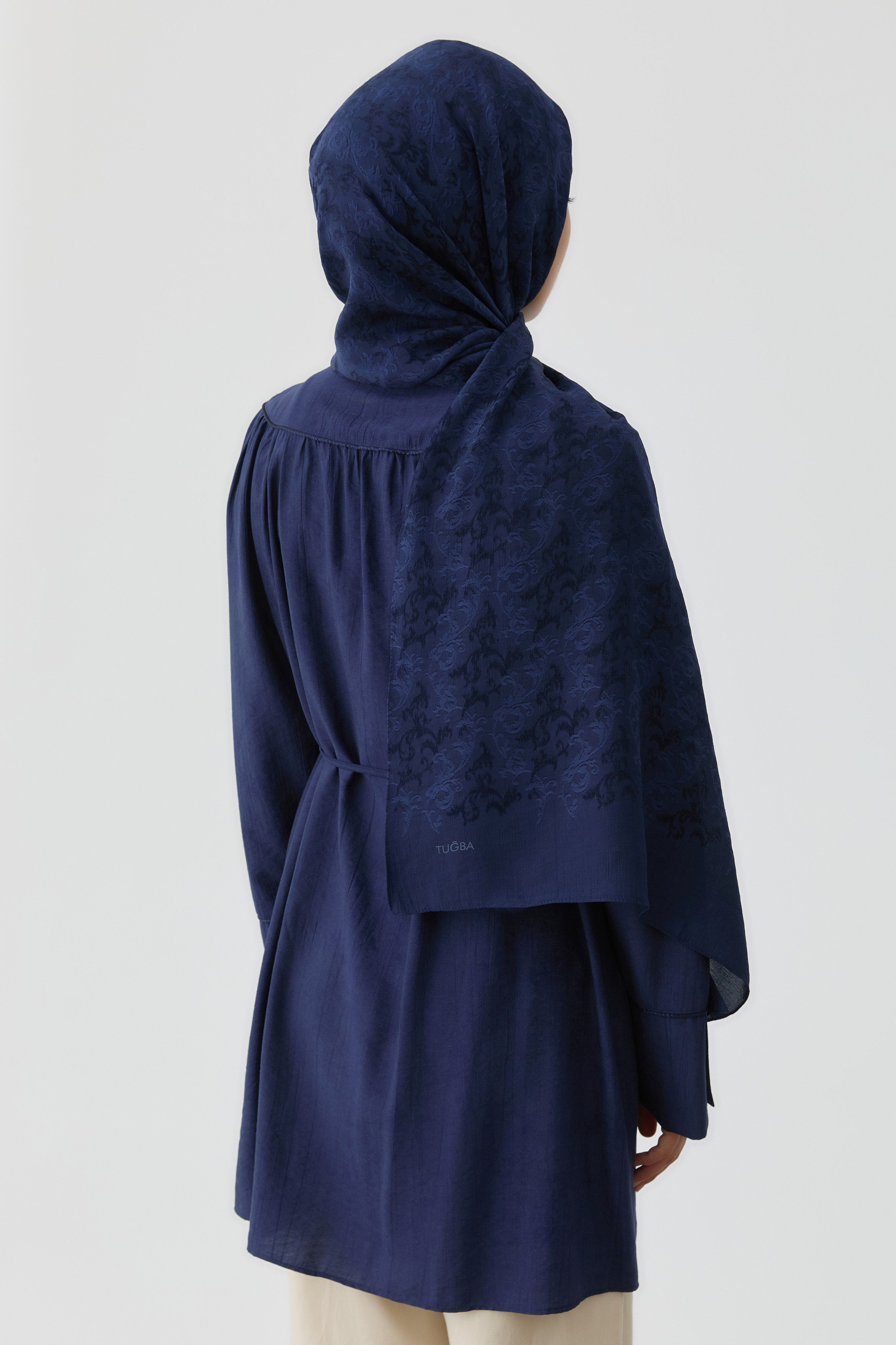 Motifli Jakar Şal - Lacivert TUGBA