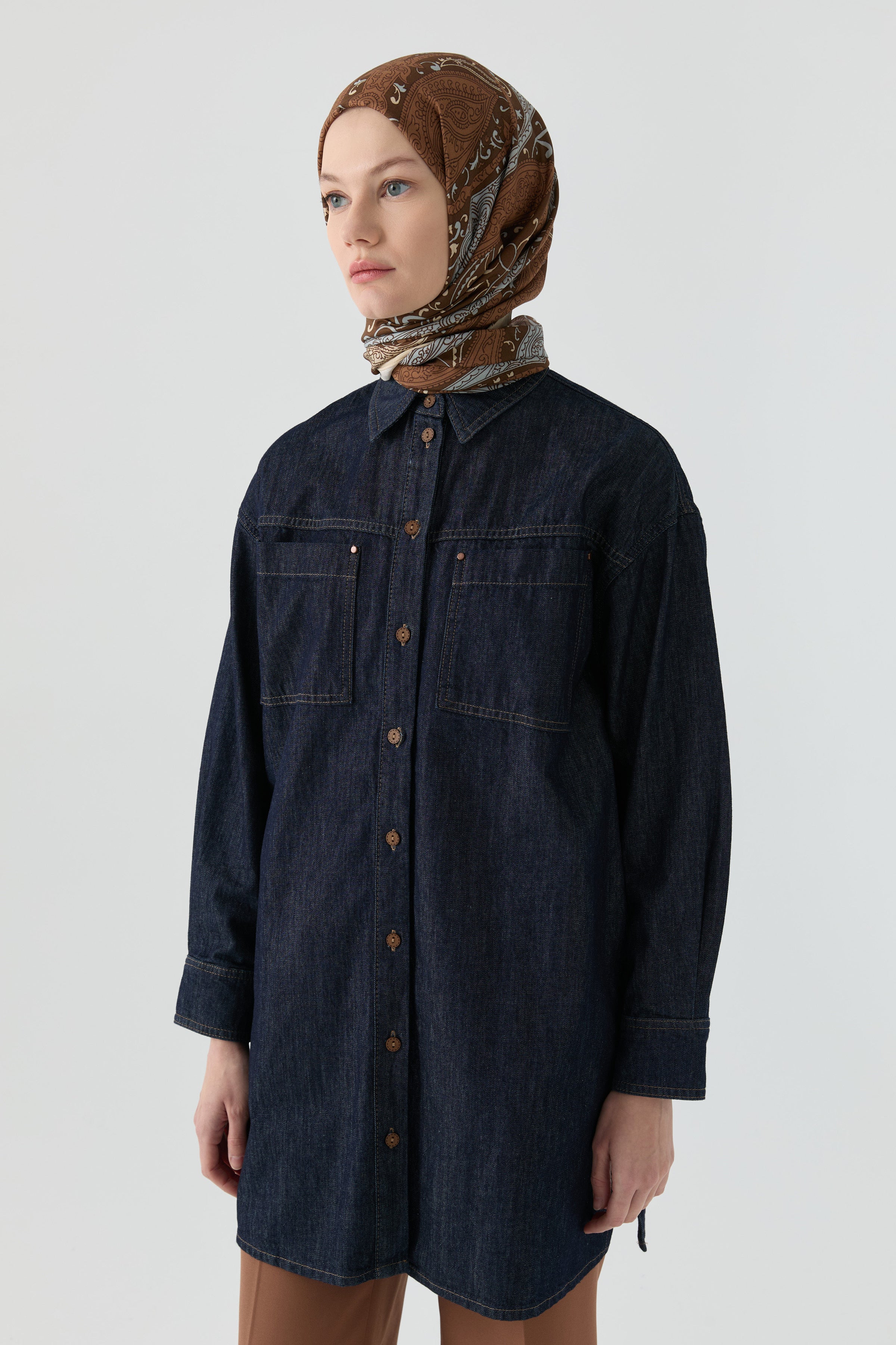 Simetrik Cep Detaylı Denim Tunik - Lacivert TUGBA