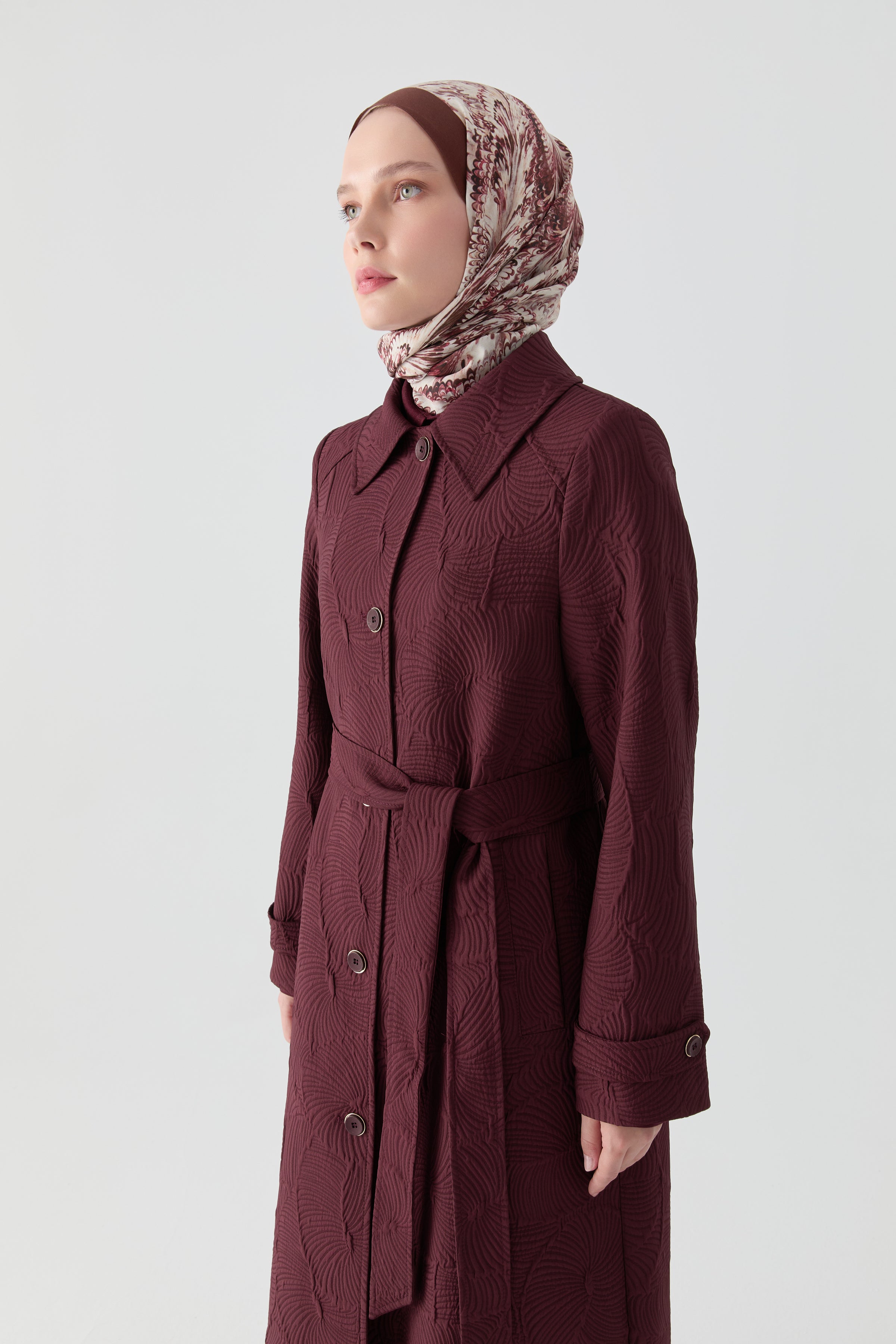 Kol Bant Detaylı Kapitone Pardesü - Mürdüm TUGBA