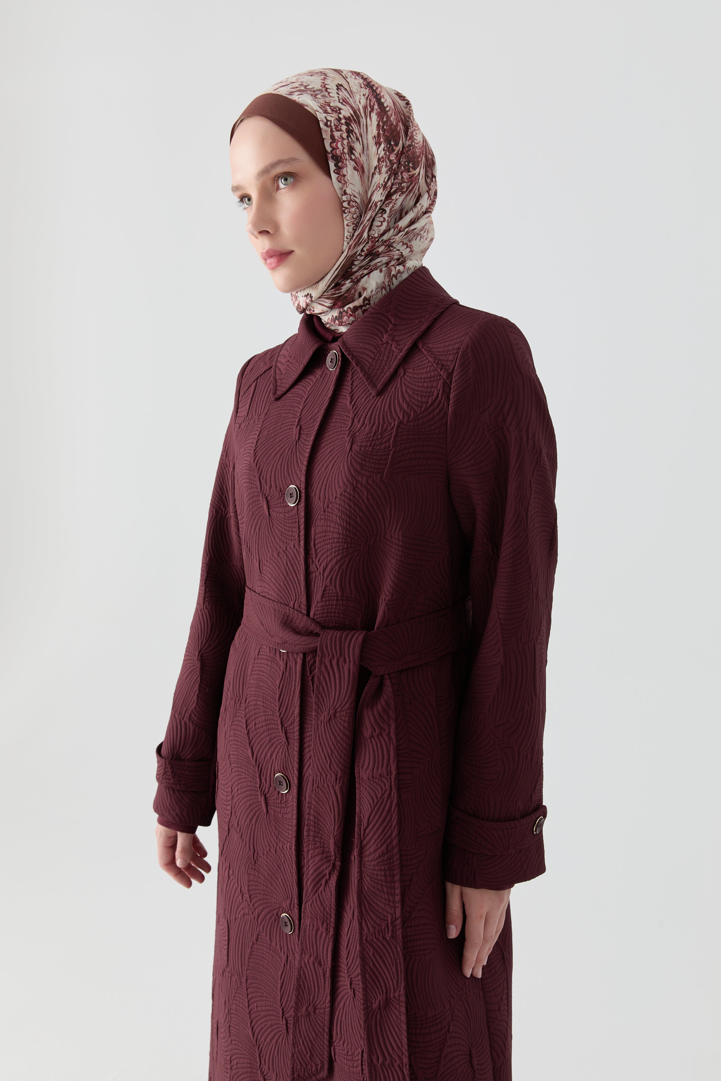 Kol Bant Detaylı Kapitone Pardesü - Mürdüm TUGBA