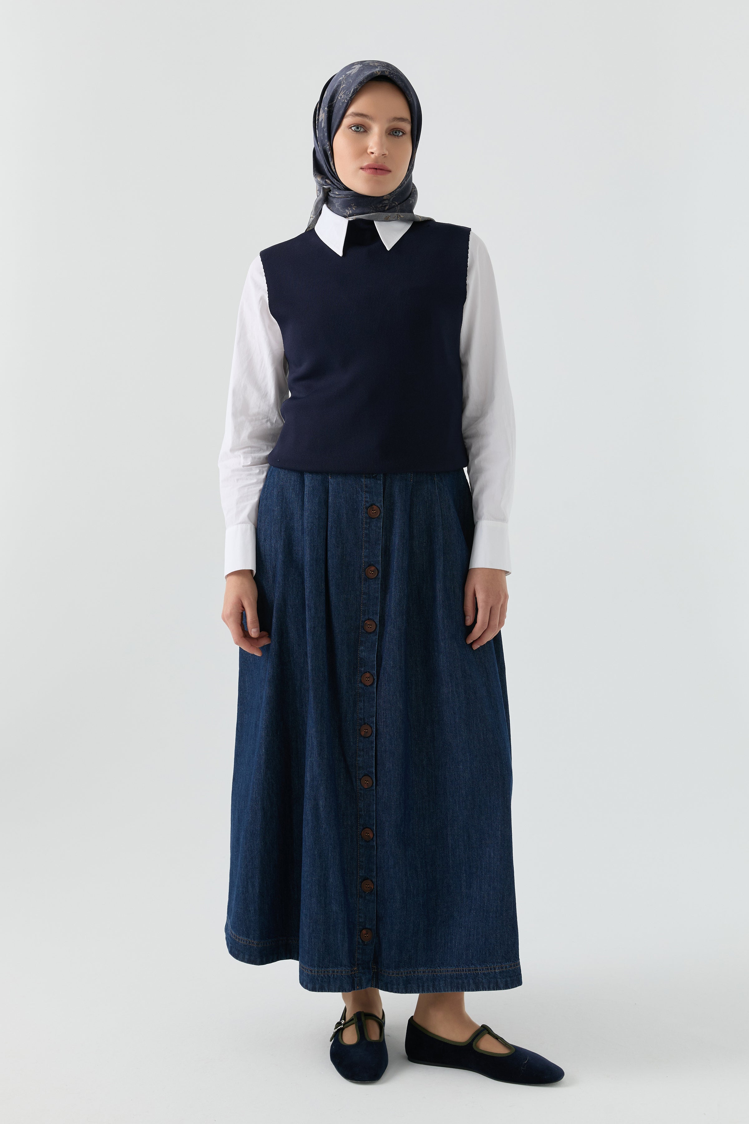 Düğme Detaylı Denim Etek - Lacivert TUGBA