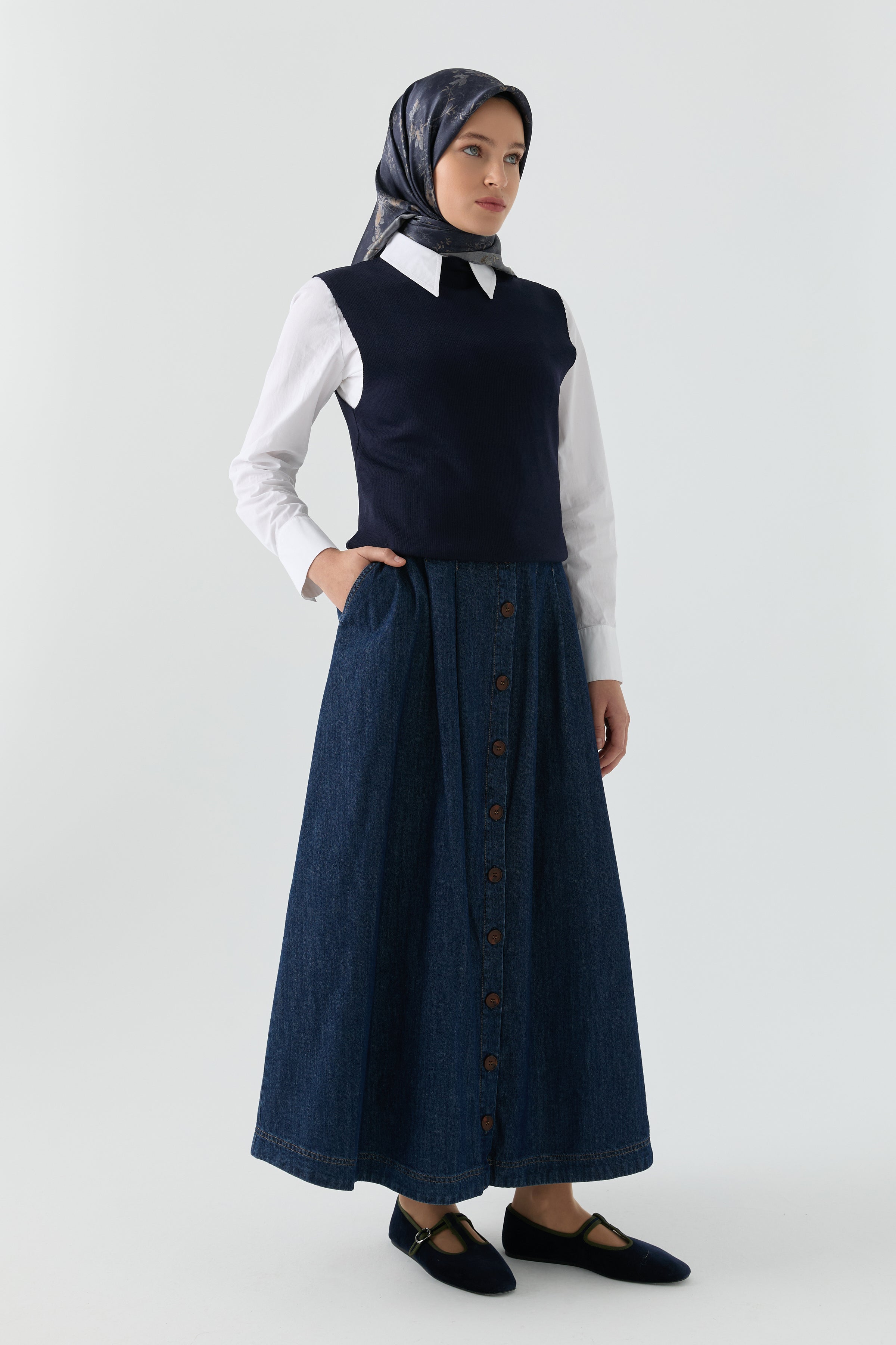 Düğme Detaylı Denim Etek - Lacivert TUGBA
