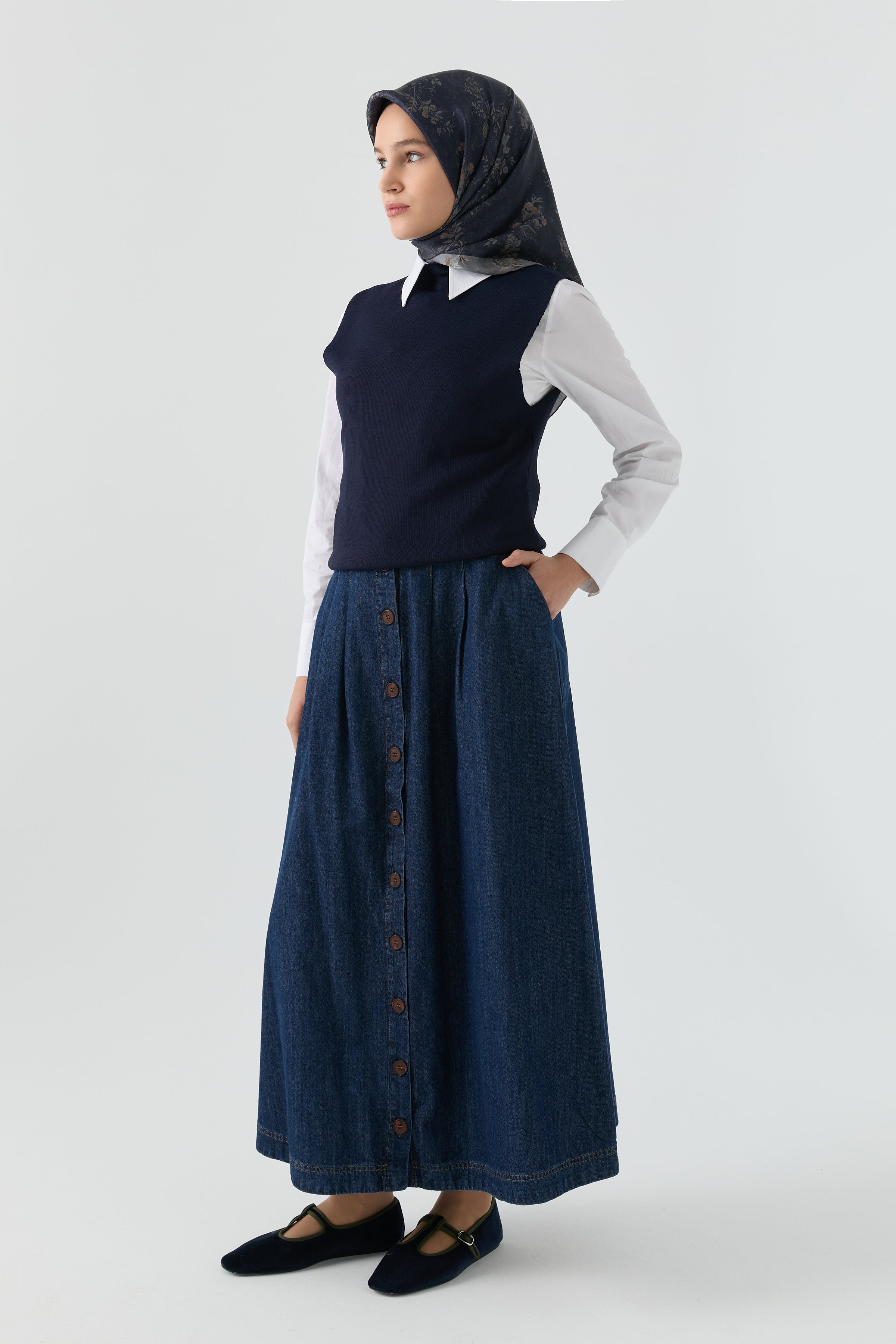 Düğme Detaylı Denim Etek - Lacivert TUGBA