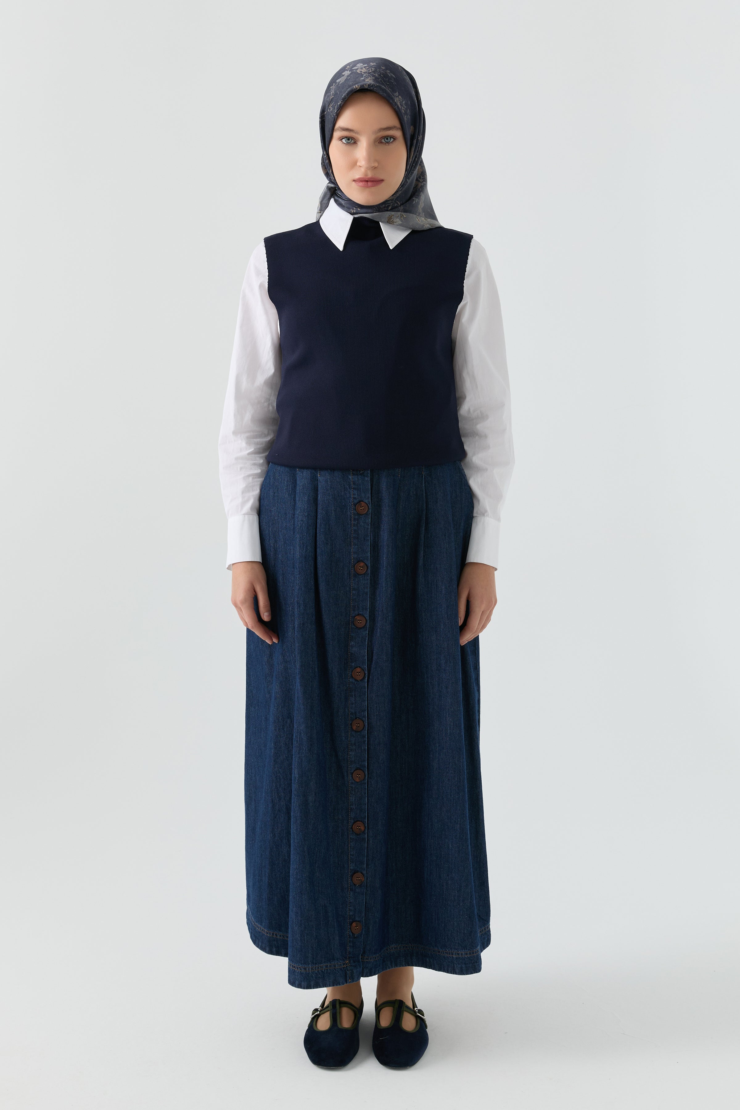 Düğme Detaylı Denim Etek - Lacivert TUGBA