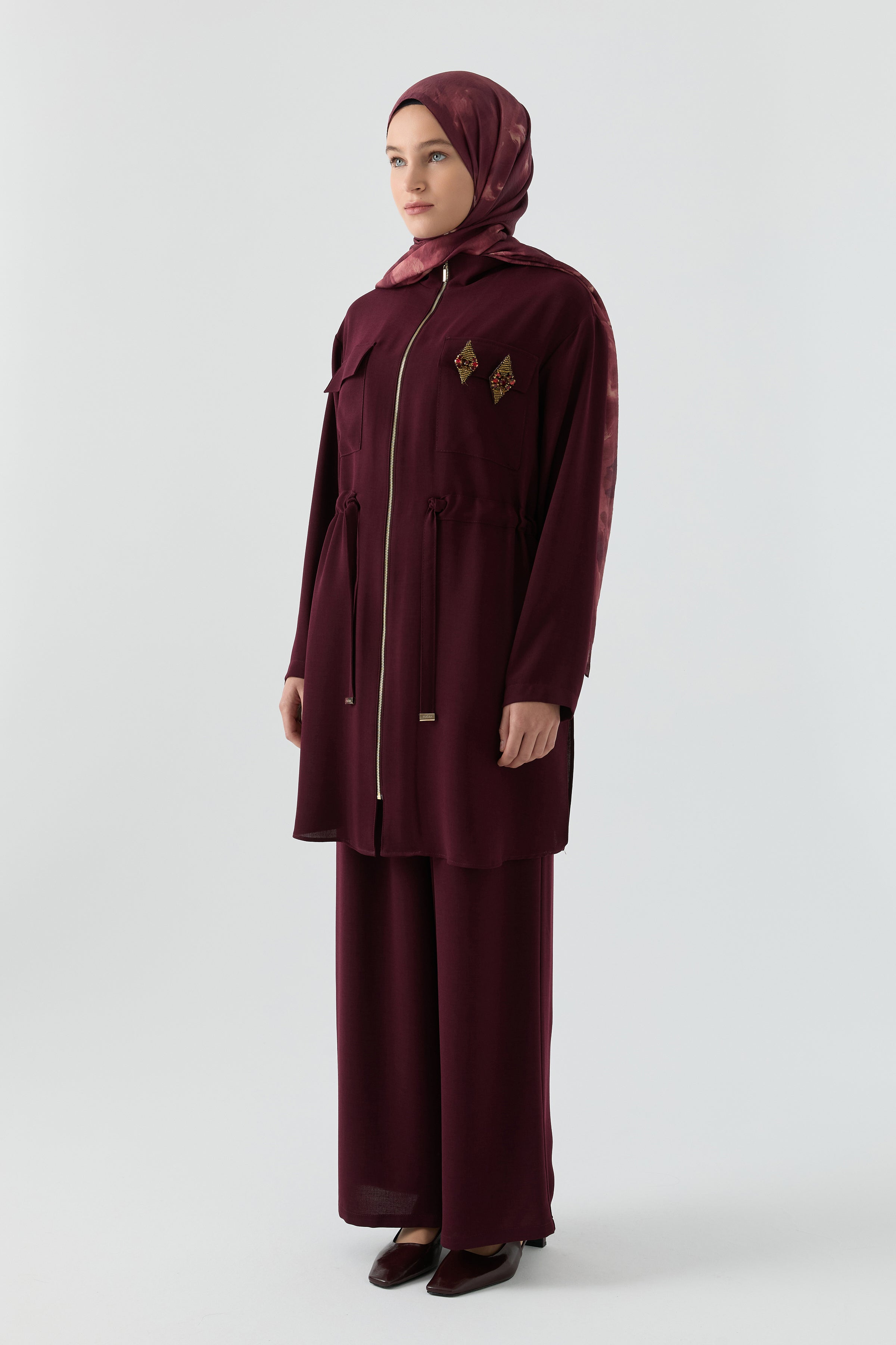 Aplike Cep Detaylı Takım - Bordo TUGBA