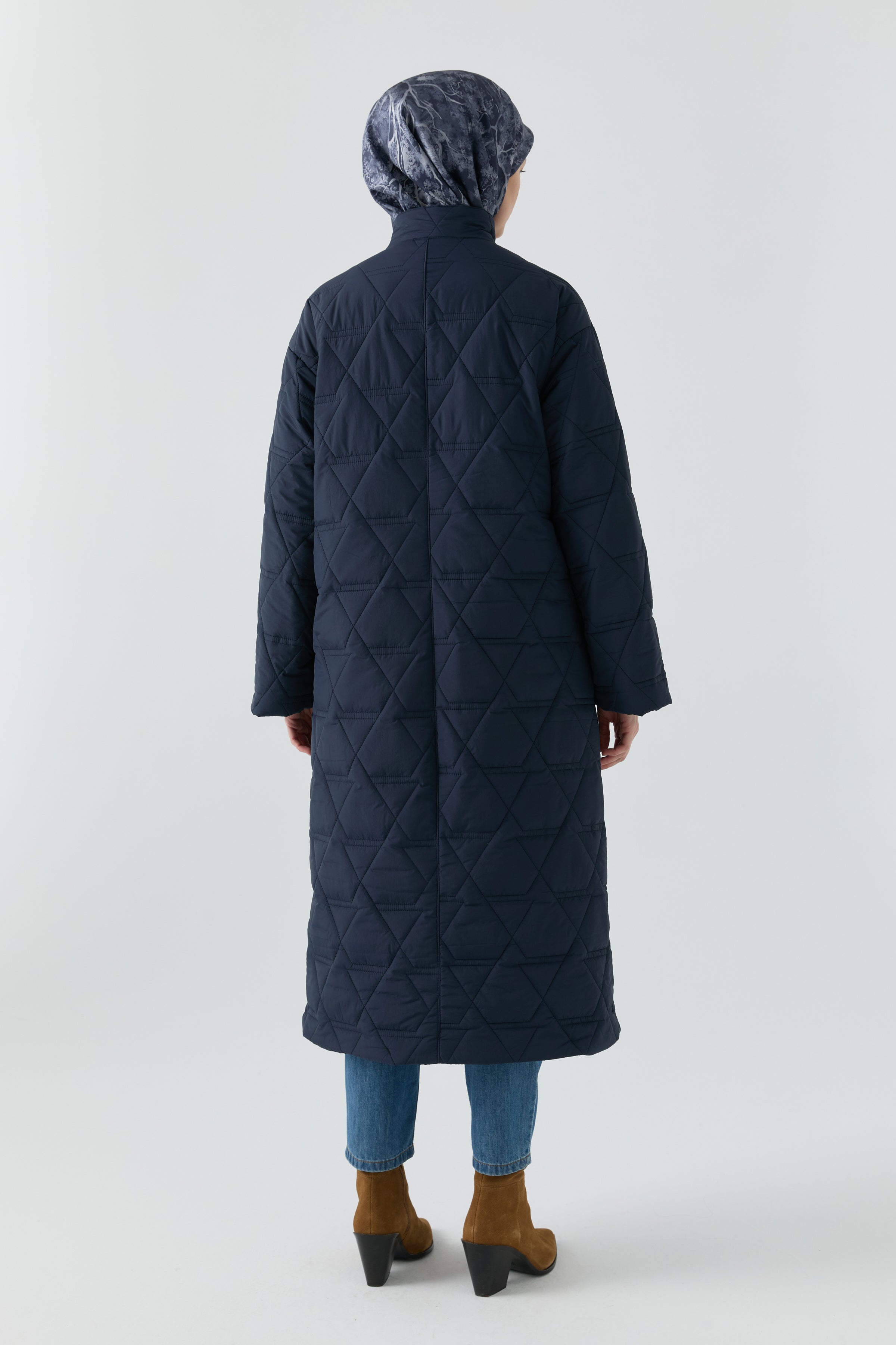 Baklava Desenli Kaban - Lacivert TUGBA