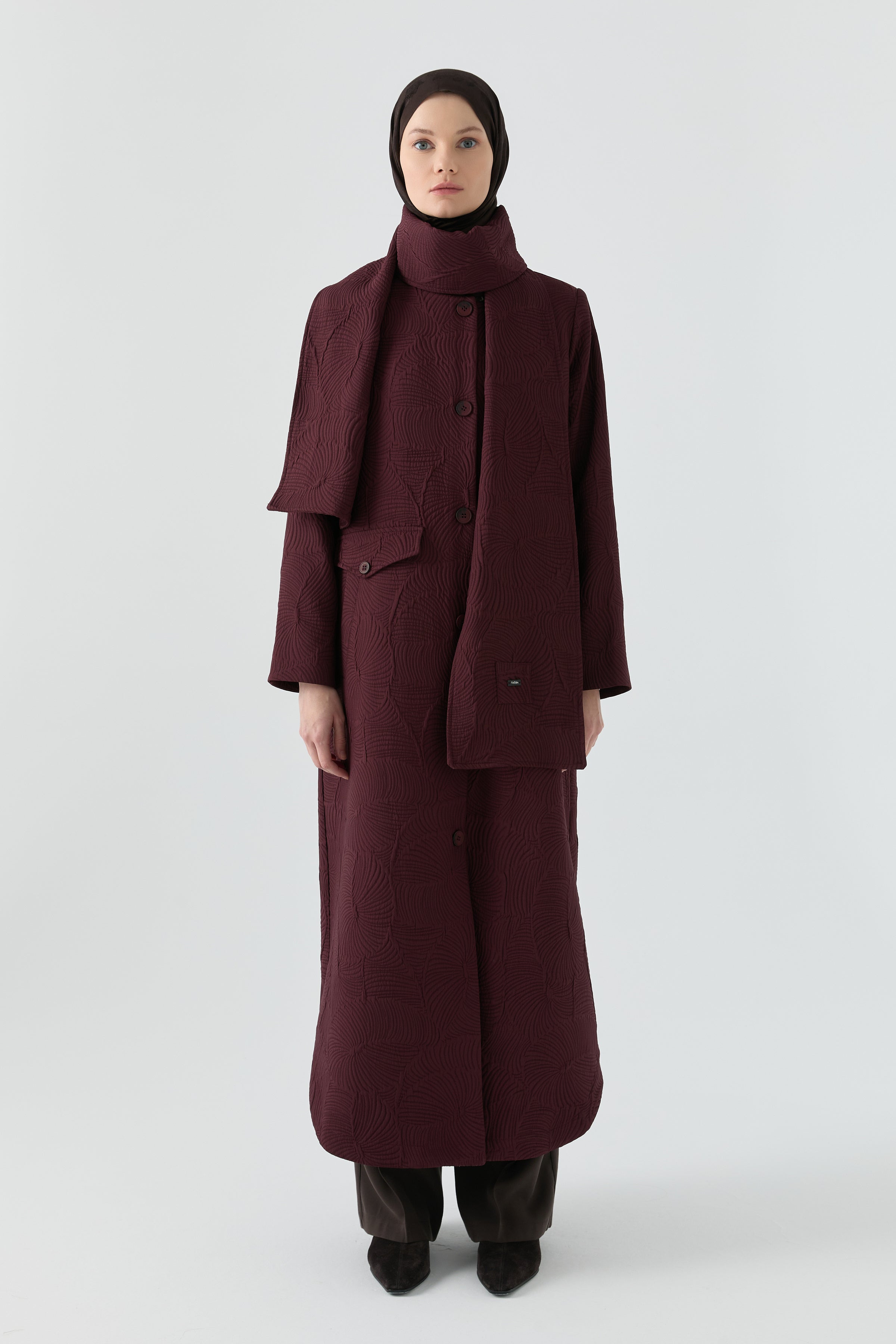 Kombinli Atkılı Kapitone Pardesü - Mürdüm TUGBA