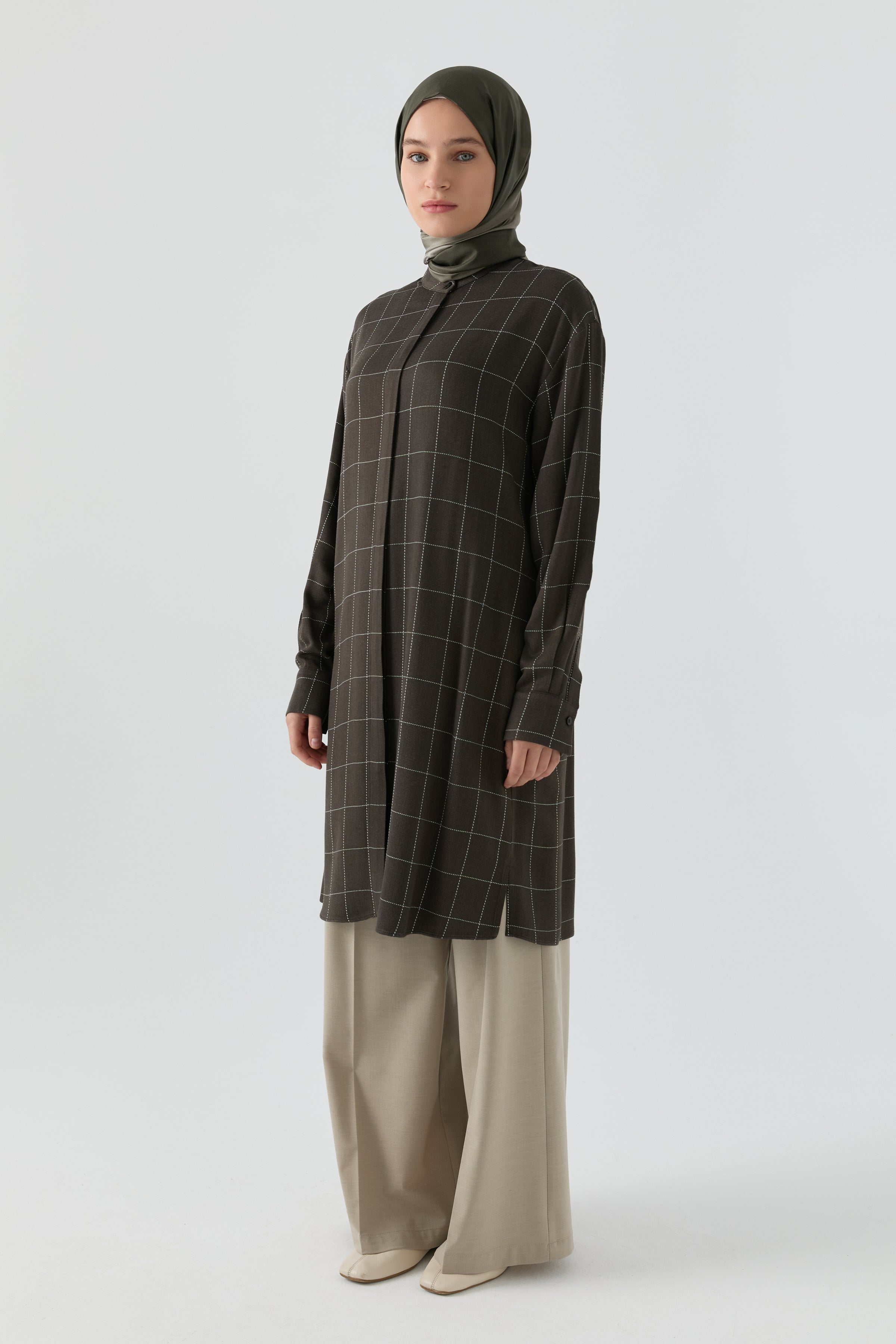Kare Desenli Tunik - Haki TUGBA