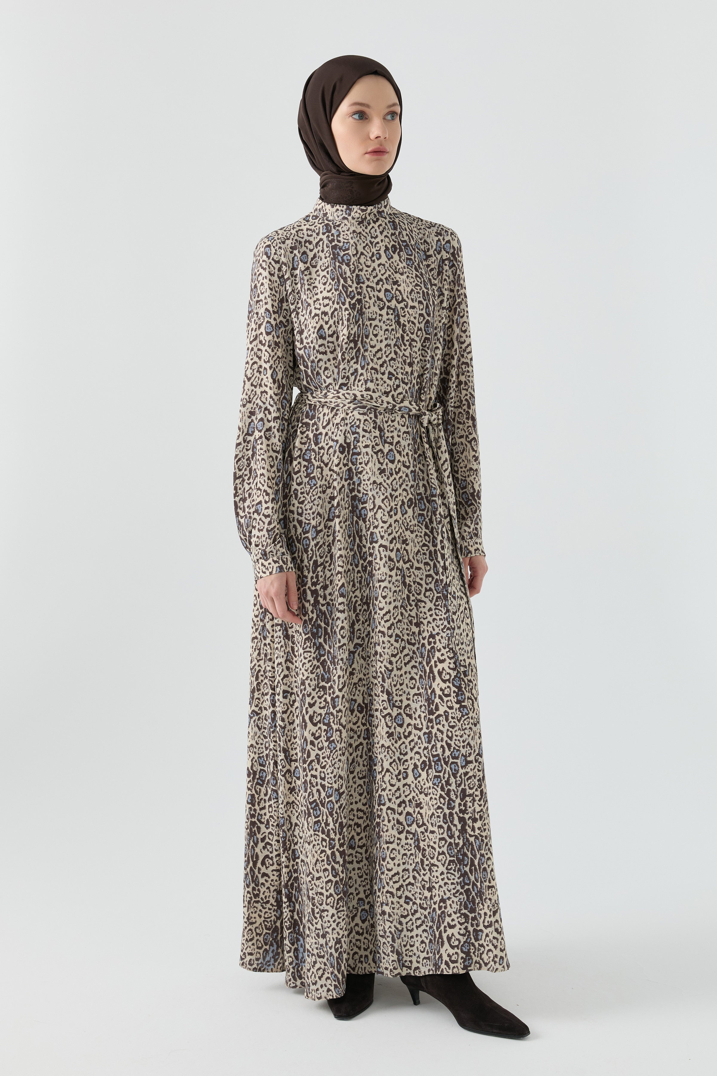 Şal Desenli Elbise - Kahve TUGBA